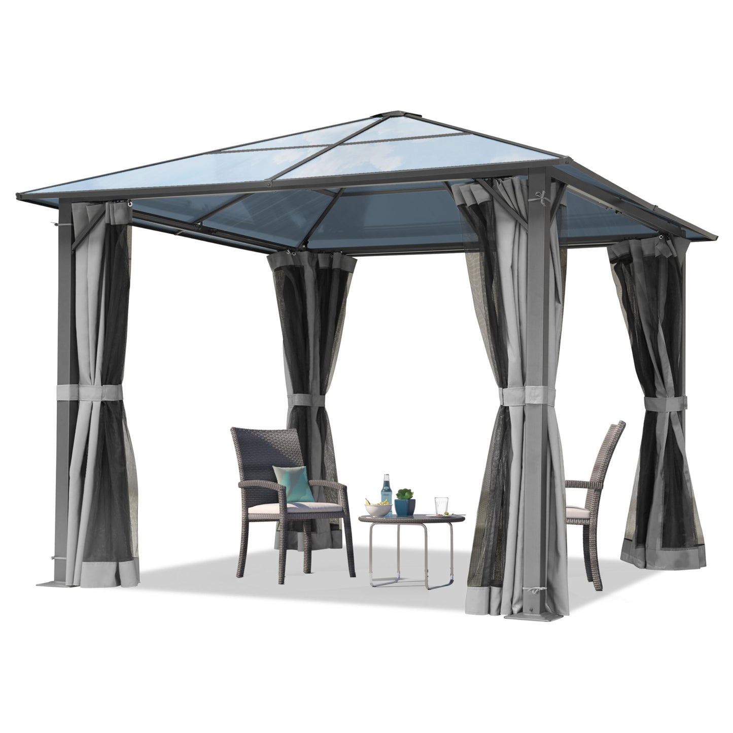 Gazebo hardtop roof with translucent polycarbonate panels, grey steel frame and tied-back curtains at the posts.