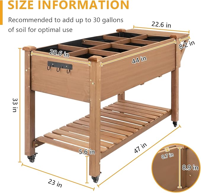 Havers Raised Garden Bed with Lockable Wheels Mobile Elevated Wood Planter, Storage