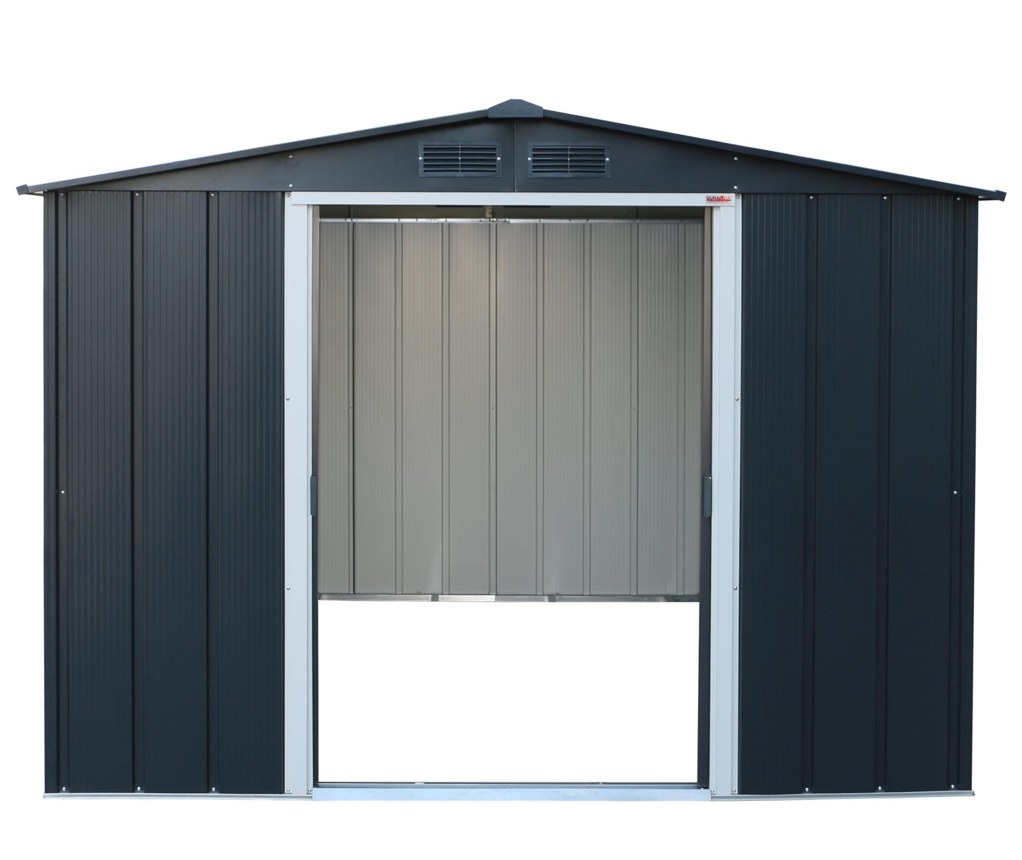 Close-up of the shed gable showing two rectangular vents above the sliding door frame