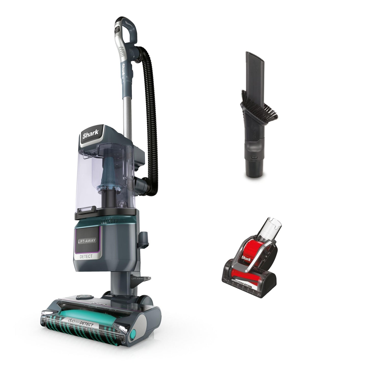 Vacuum wand and hose with clear lift‑away dust bin, plus detachable crevice tool with brush attachment