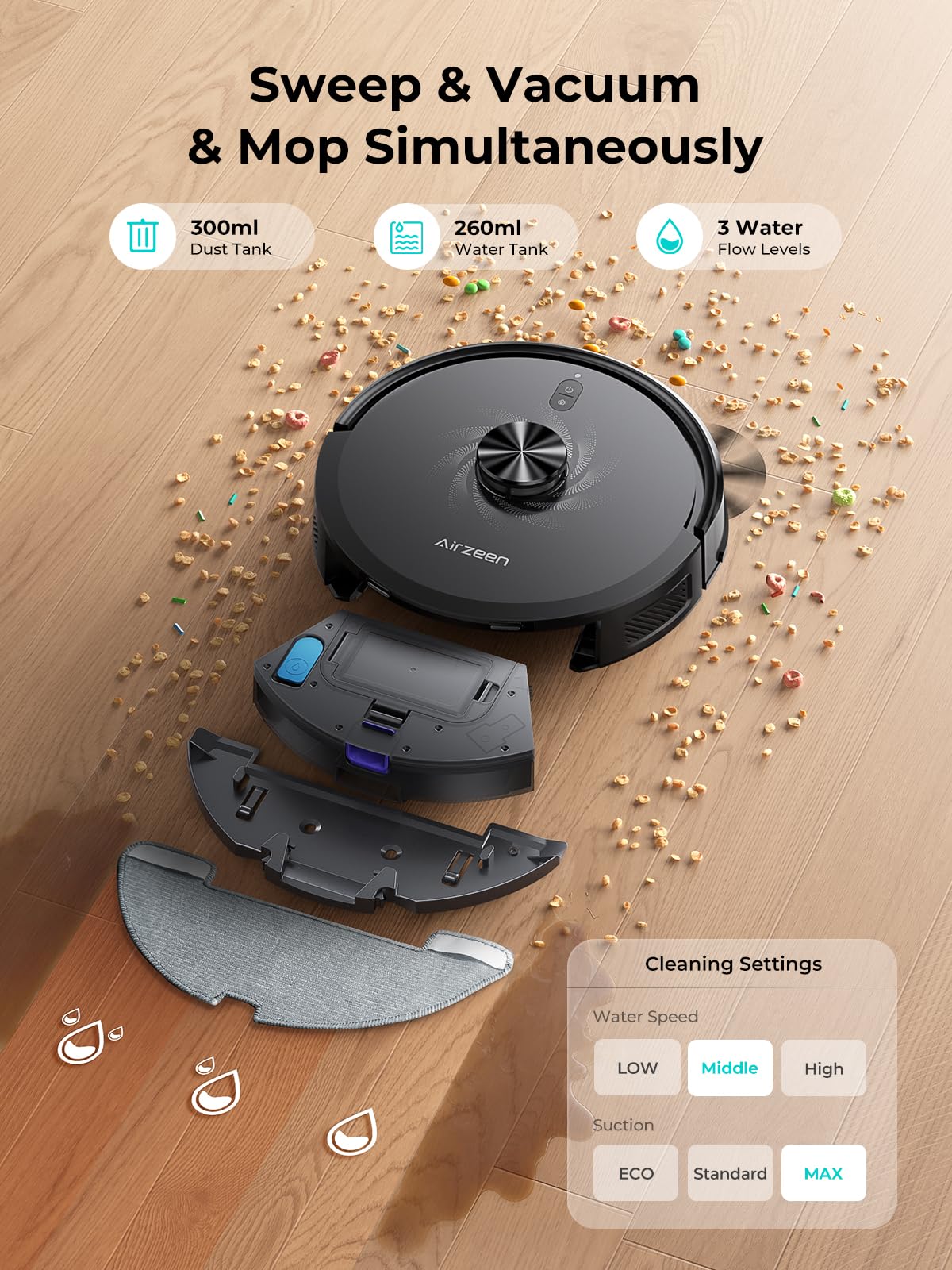 Robot with removed dust/water tank and mop parts beside scattered crumbs, showing simultaneous vacuuming and mopping setup