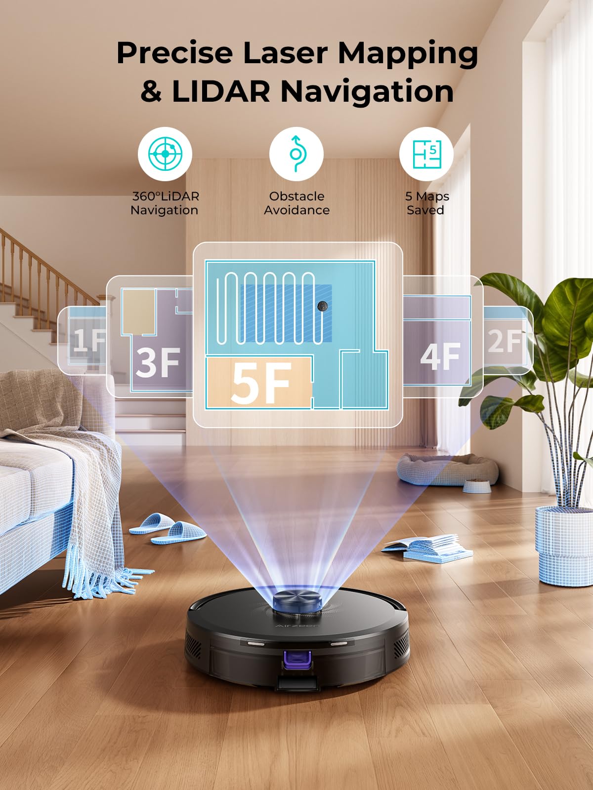 Robot emitting a LiDAR scan cone with overlaid floor-plan graphics showing 360° navigation, obstacle avoidance and 5 maps