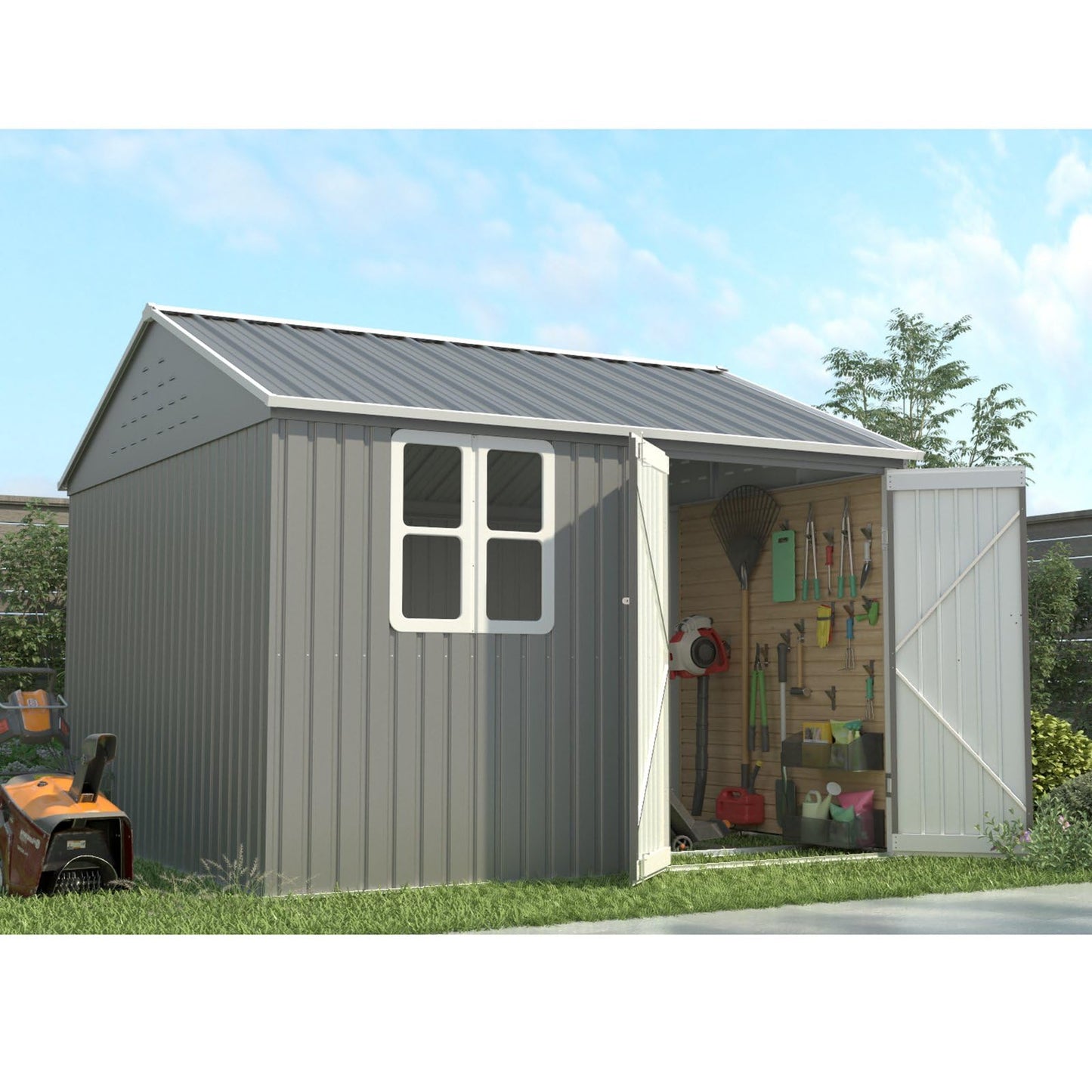 BIRCHTREE Garden Shed Steel Apex Roof House Outdoor Backyard Storage With Lockable Double Doors Window Free Foundation Tool Equipment Organizer Air Vents 10x8FT Grey