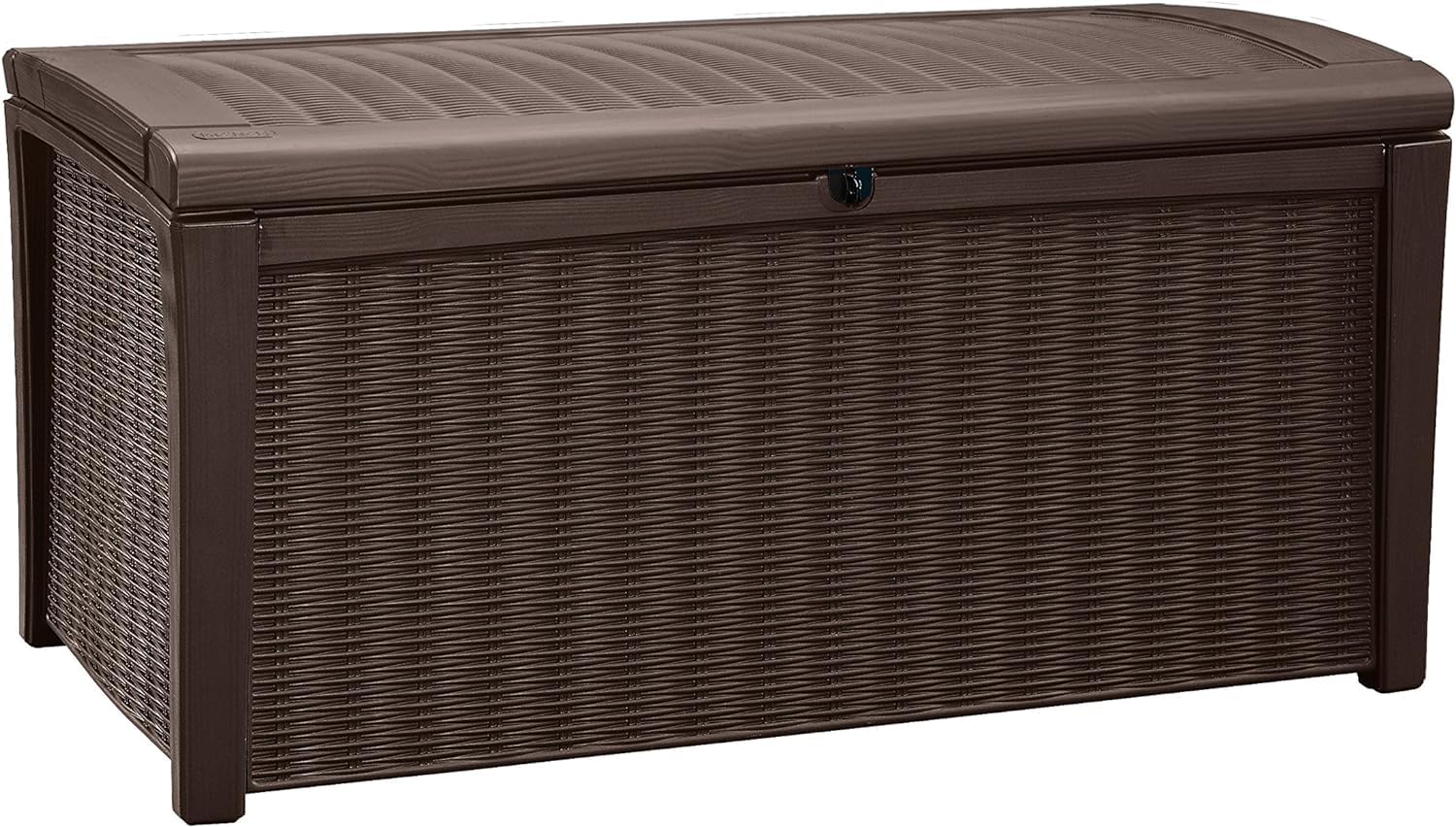 Closed brown rattan-effect outdoor storage box, front view with visible lock loop