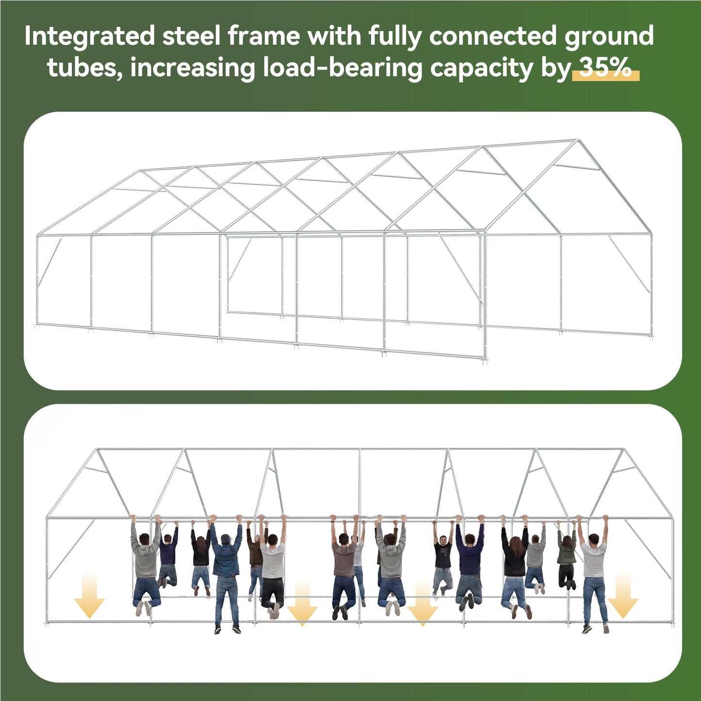 Wireframe illustration of the marquee steel frame with people hanging from the crossbar to demonstrate increased load capa…