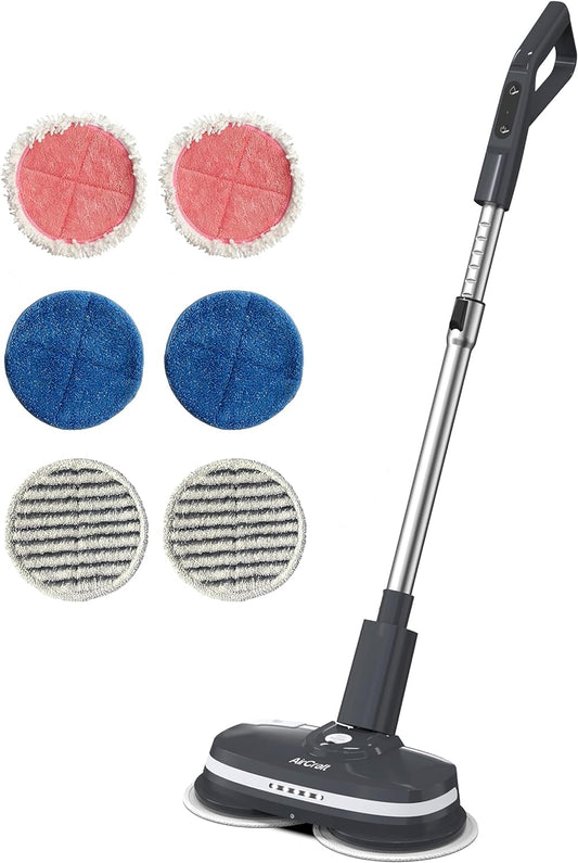 PowerGlide cleaner with telescopic handle and twin rotating pads, plus two pink, two blue and two striped round microfiber…