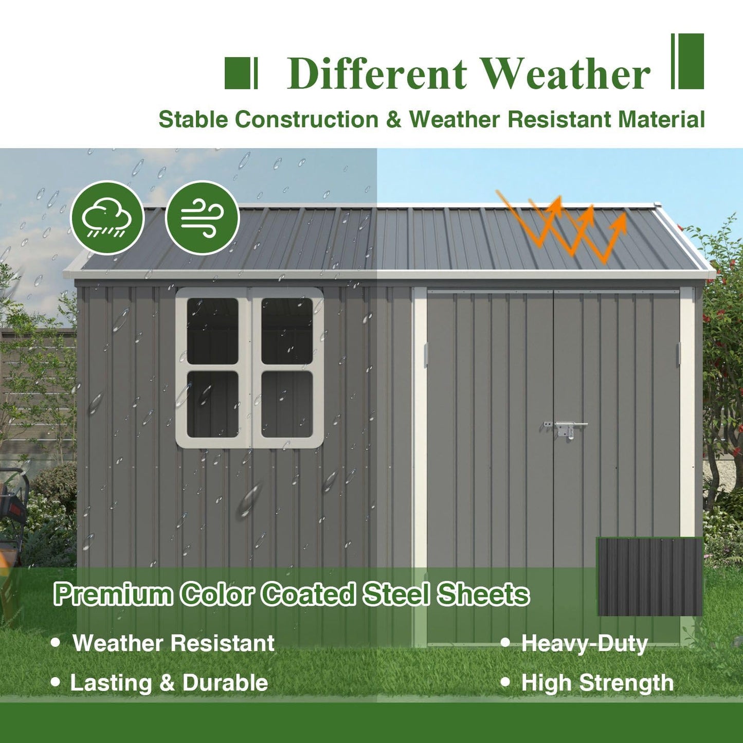 BIRCHTREE Garden Shed Steel Apex Roof House Outdoor Backyard Storage With Lockable Double Doors Window Free Foundation Tool Equipment Organizer Air Vents 10x8FT Grey