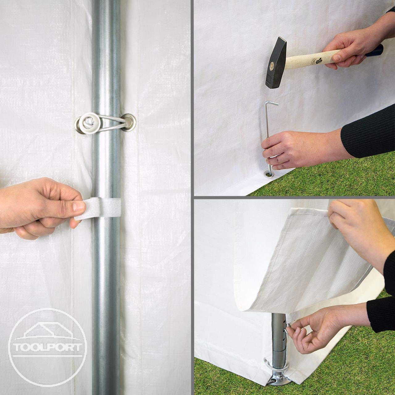 Assembly detail collage showing a velcro strap on a pole, a ground peg being hammered and a side-panel fastening