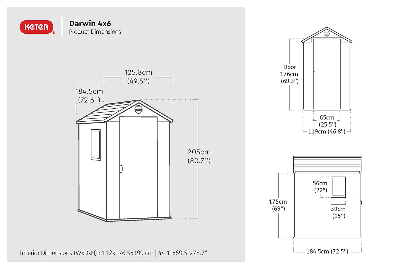 Keter Darwin Outdoor Apex Single Door Garden Storage Shed 6 x 4ft Grey Wood Look and Feel | Fade Free | All Weather Resistant | Safe and Secure | Zero Maintenance | 15 year Warranty