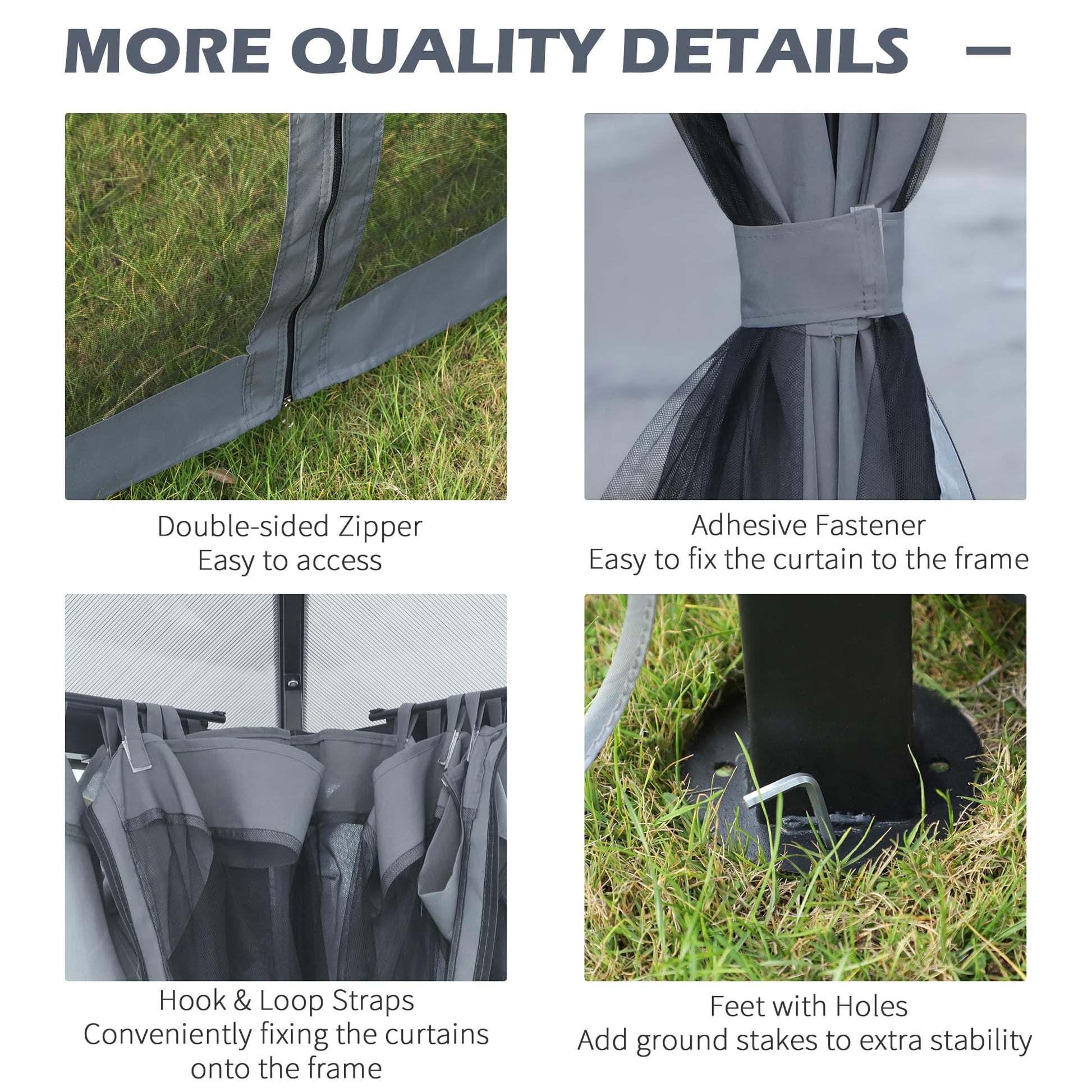 Collage of close-up quality details: mesh zipper, adhesive curtain fastener, hook-and-loop strap and metal foot with stake