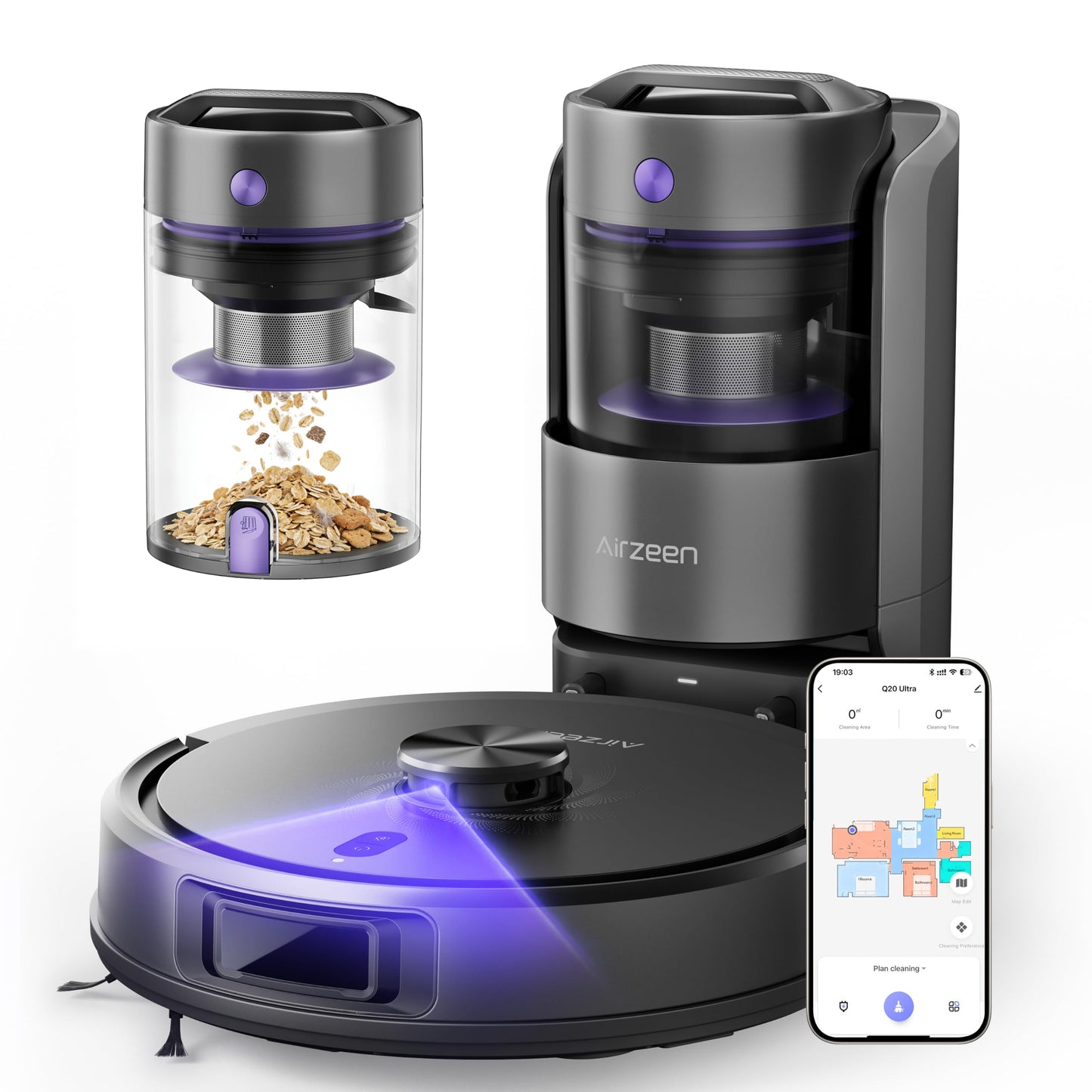 Close-up of the self-emptying dock and transparent reusable dust cup with cereal debris, plus the robot's top and app map …