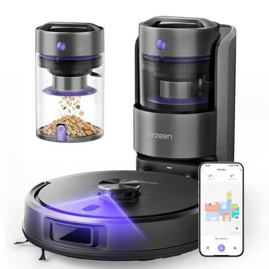 Close-up of the self-emptying dock and transparent reusable dust cup with cereal debris, plus the robot's top and app map …