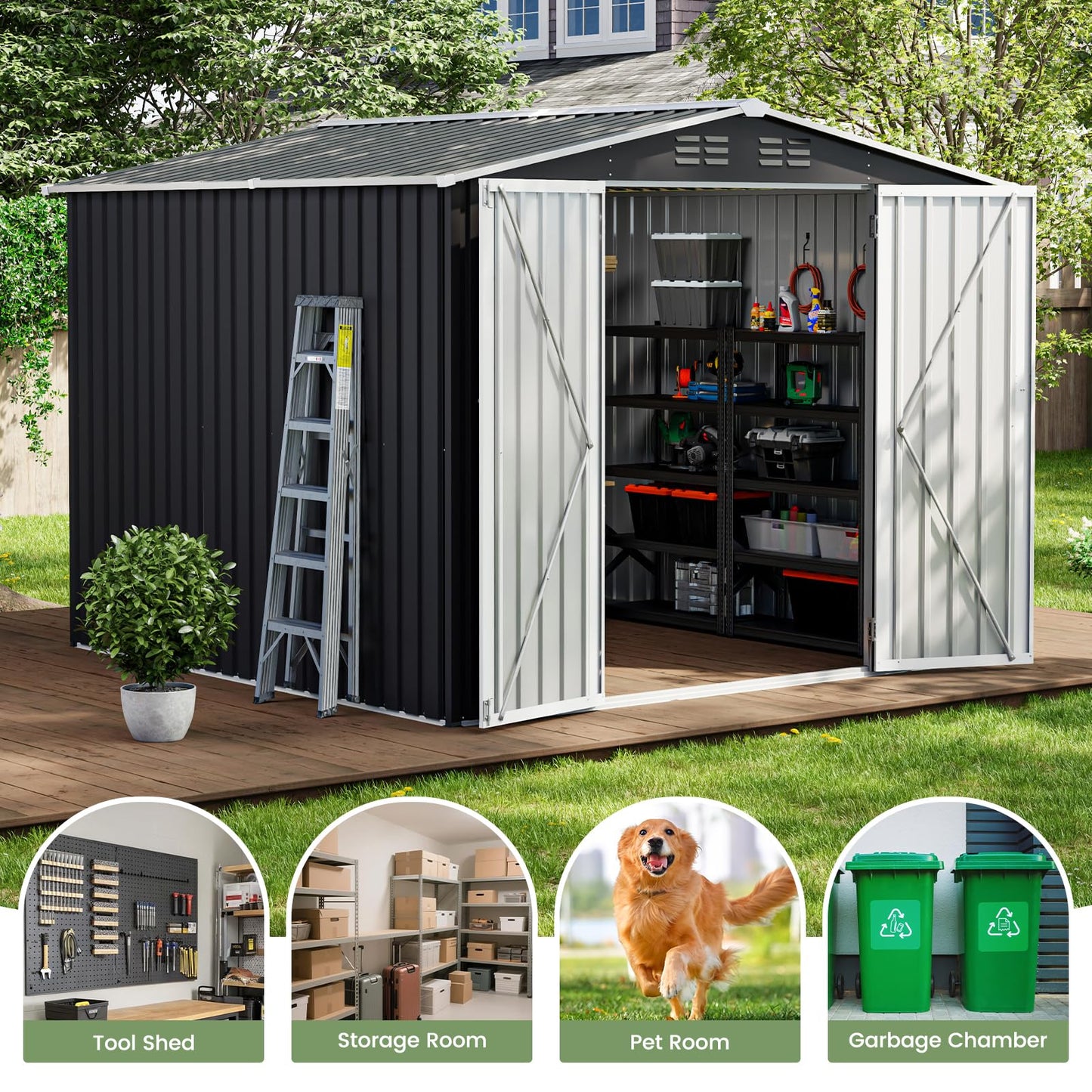 UDPATIO Outdoor Storage Shed 8x8 FT, Outside Sheds & Outdoor Storage Metal Galvanized Steel Yard, Patio, Lawn, Tool Shed with Lockable Door for Can, Bike, Lawnmower, Generator,Dark Grey