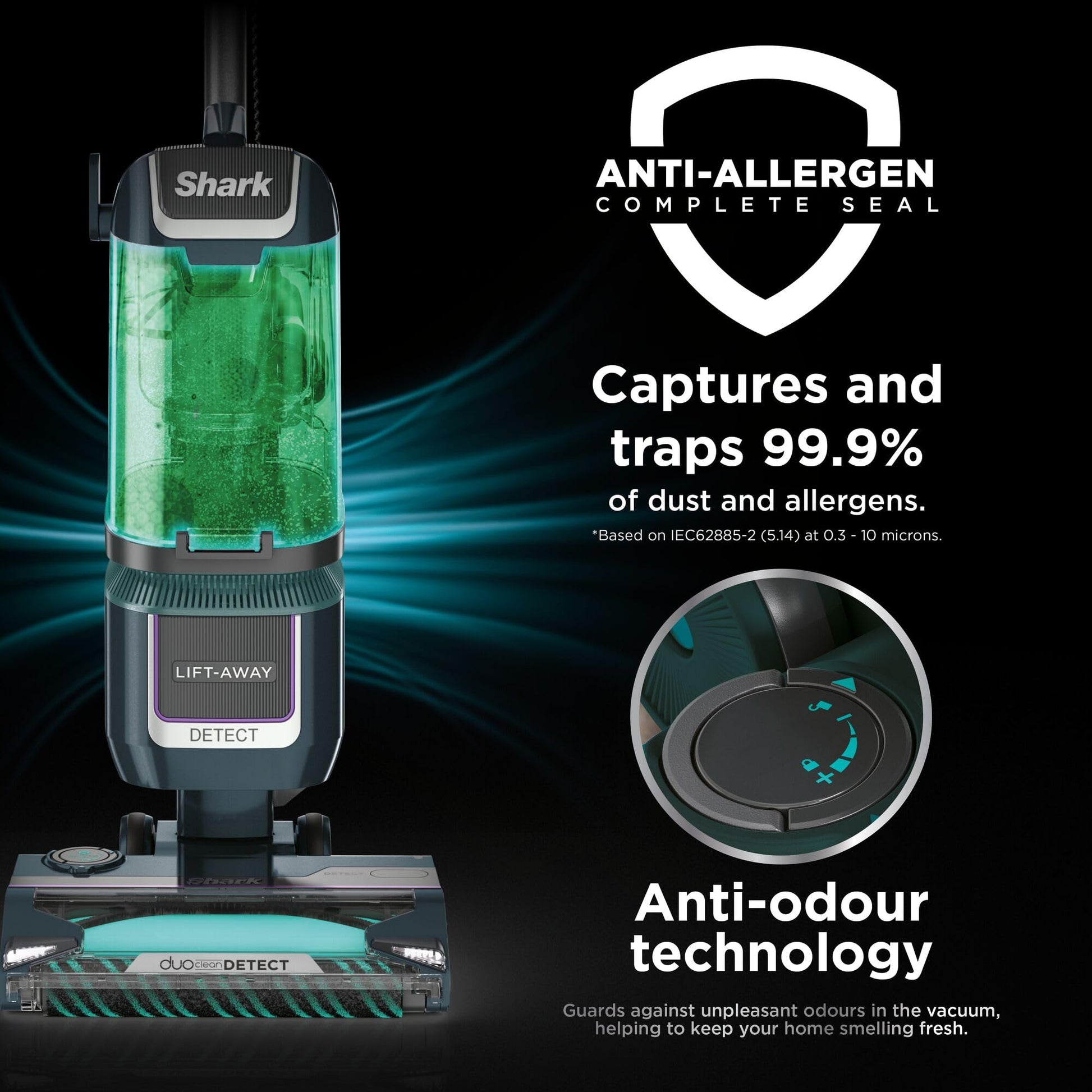 Transparent dustbin highlighted alongside an 'Anti‑Allergen Complete Seal' graphic emphasizing allergen capture