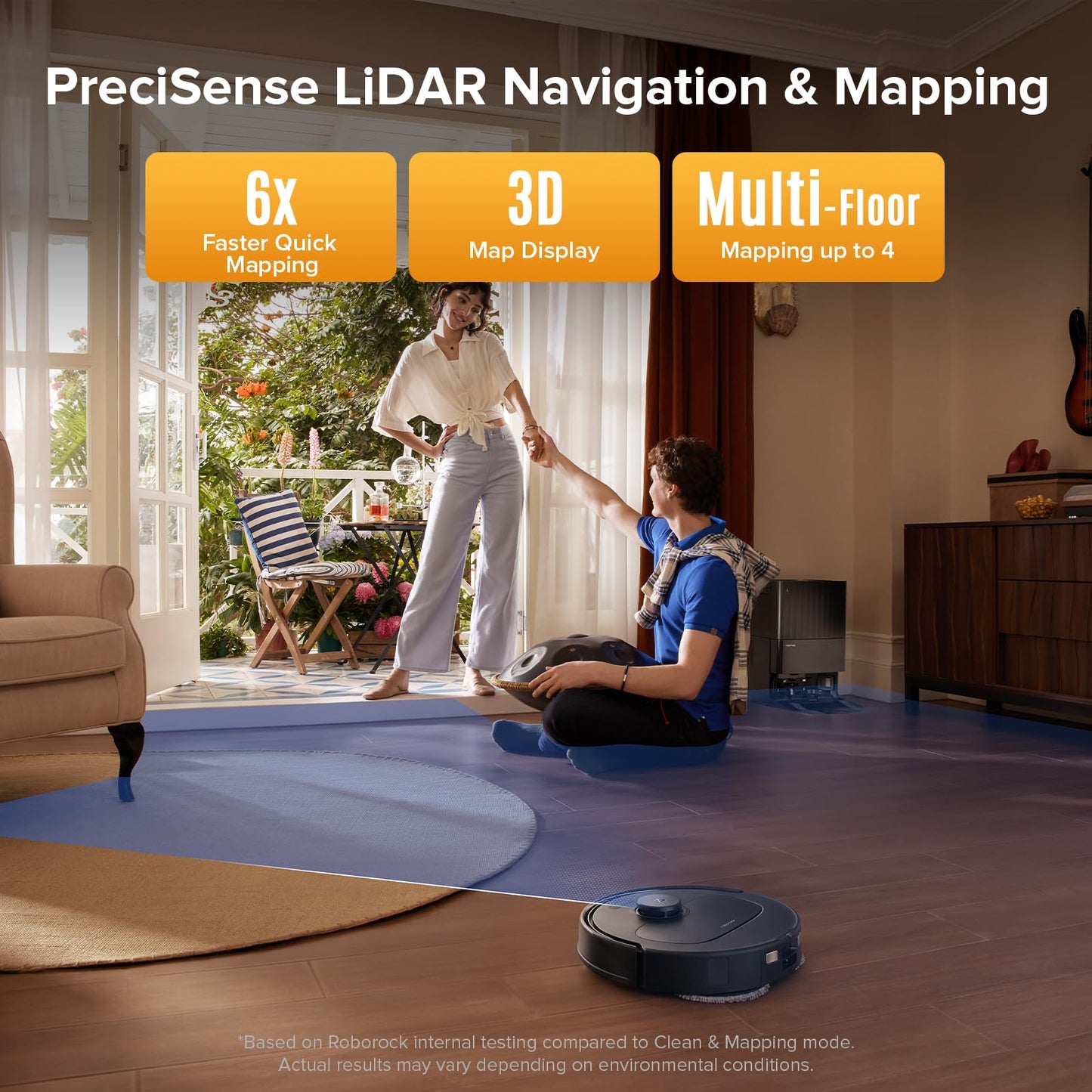 Living-room scene showing the robot mapping the area with people in the background and orange badges noting faster mapping…
