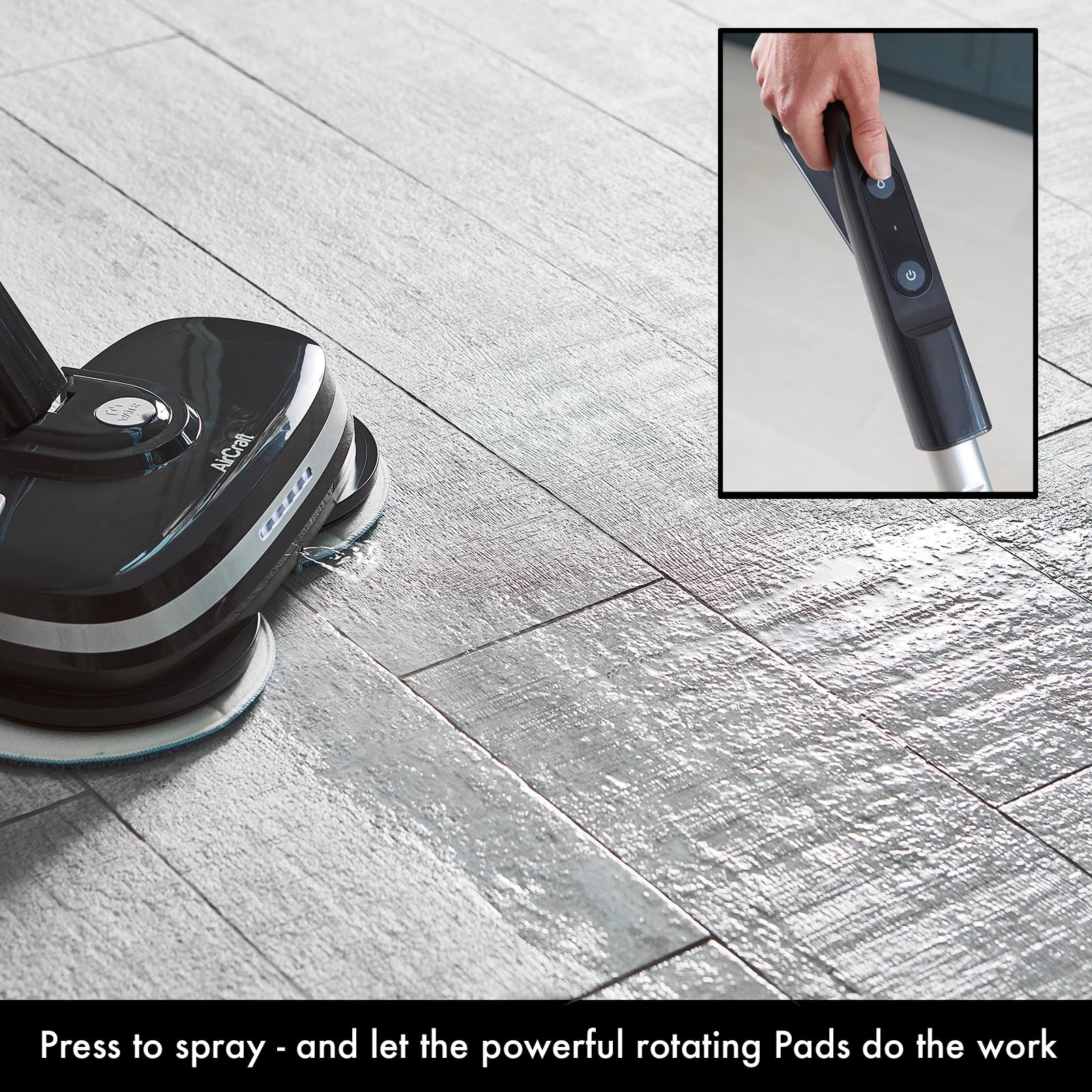 PowerGlide head on textured tile with inset close-up of the handle’s power and spray control buttons