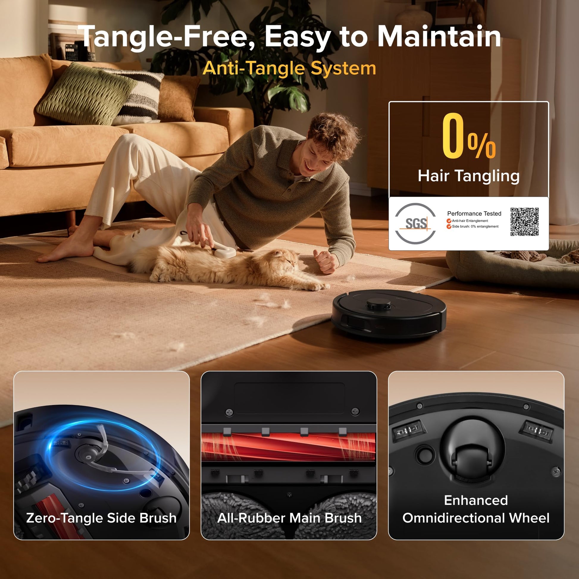 Robot vacuum on wood floor with airflow visualization and icons for dust, litter, crumbs, and pet food