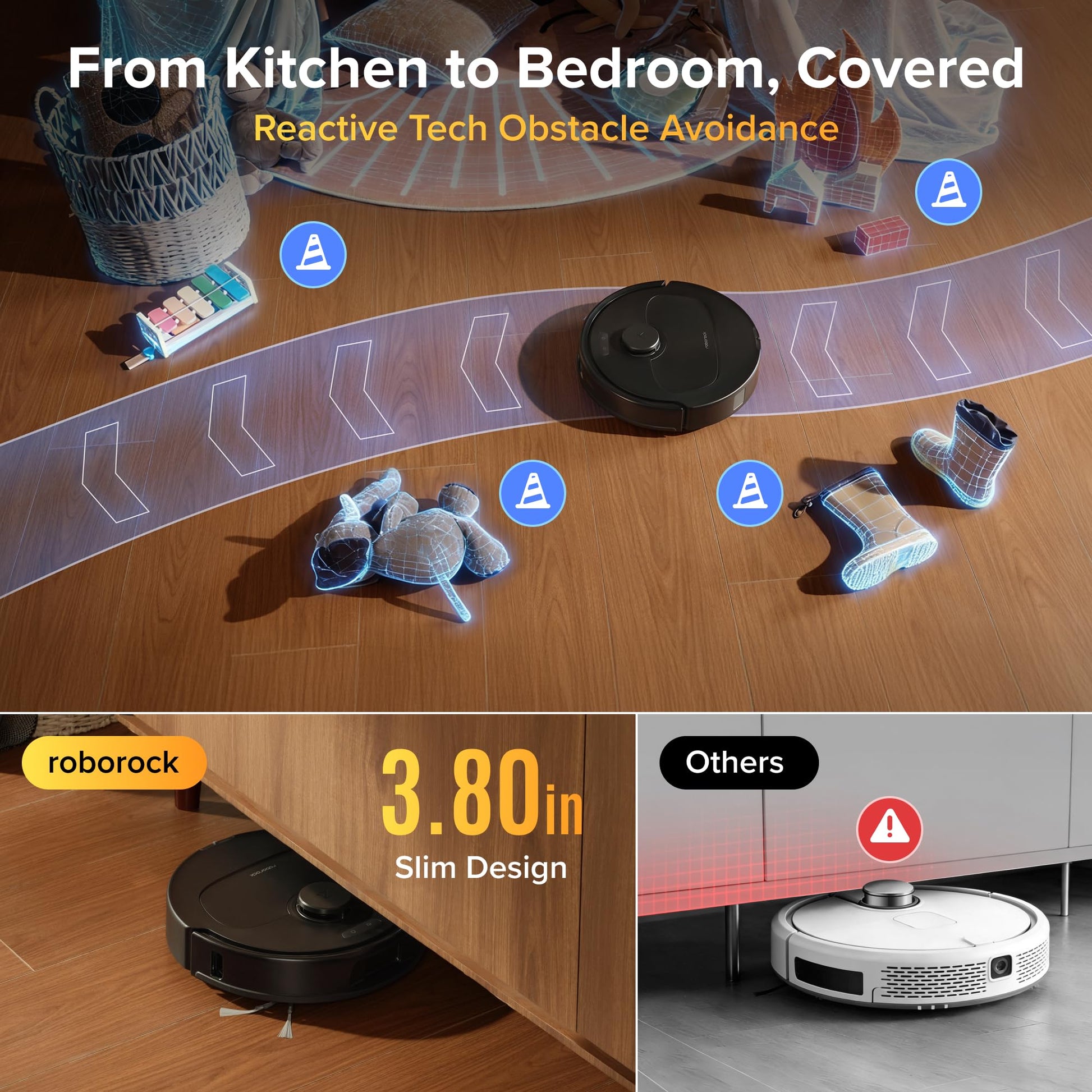 Low-profile robot mopping a hardwood floor with dual spinning mop pads and a water-flow slider graphic