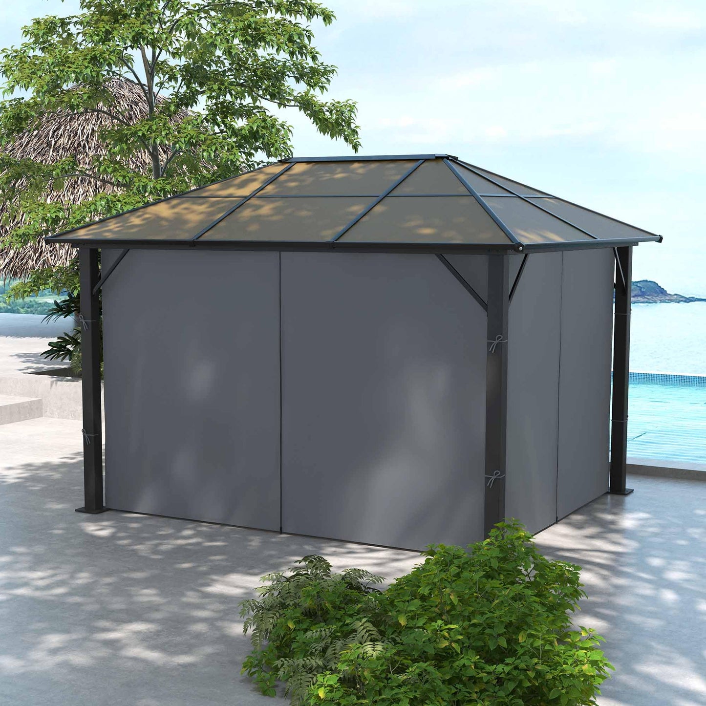 Rear view of gazebo with closed grey privacy curtains and tan hardtop roof beside a pool and trees