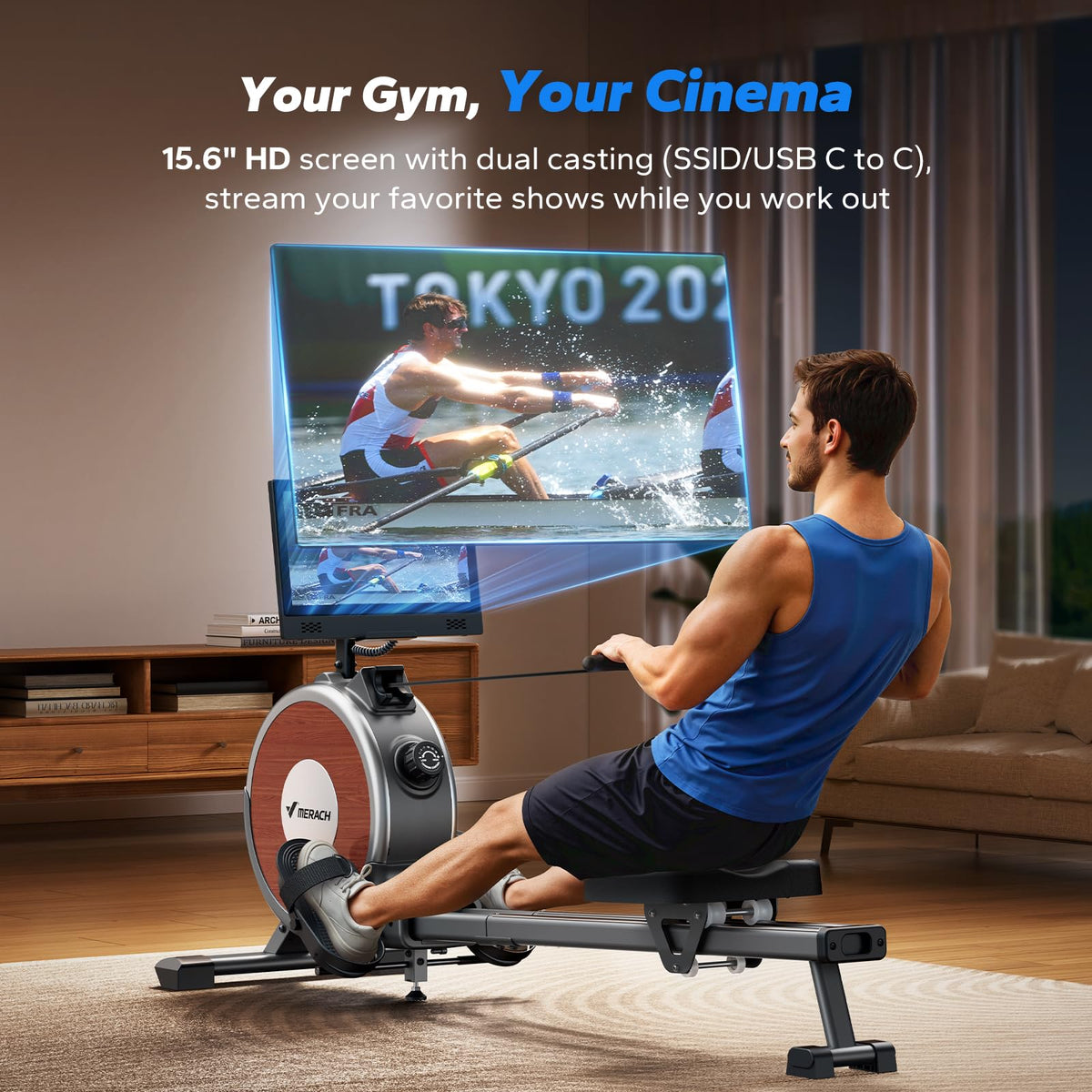 MERACH Magnetic Rowing Machine with 15.6" HD Screen, 16 Resistance Levels, Dual Slide Rails, 158kg Capacity