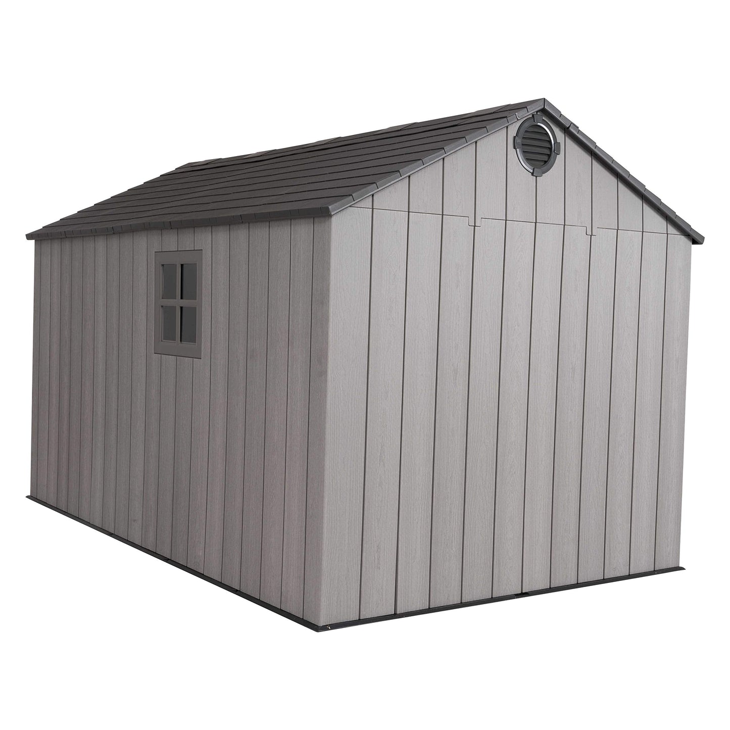 Side view of the shed roof and gable showing a round vent, wood‑effect siding and a small rectangular window.