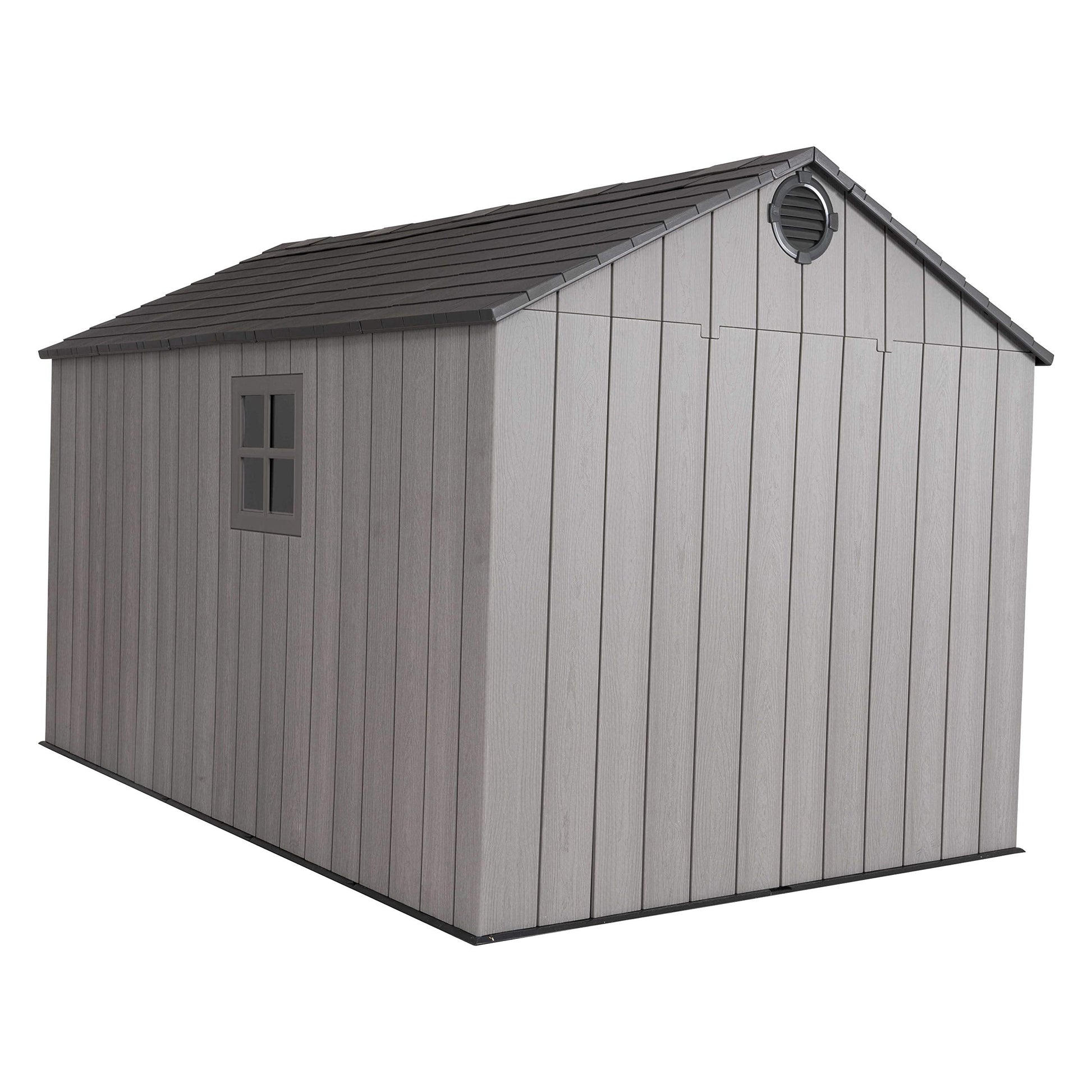 Side view of the shed roof and gable showing a round vent, wood‑effect siding and a small rectangular window.