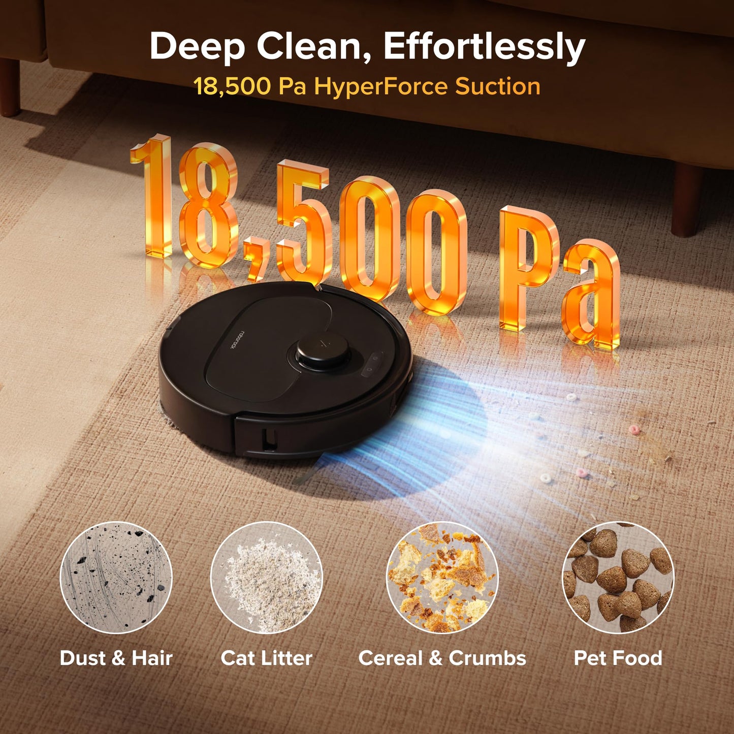 Robot vacuum on carpet with large orange '18,500 Pa' text illustrating strong suction