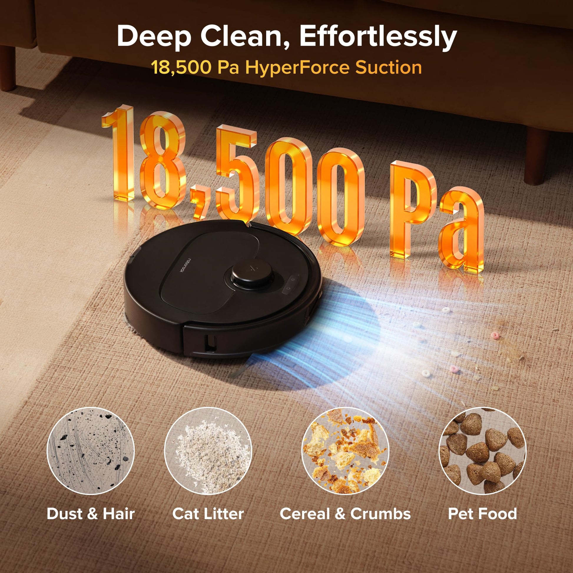 Robot vacuum on carpet with large orange '18,500 Pa' text illustrating strong suction