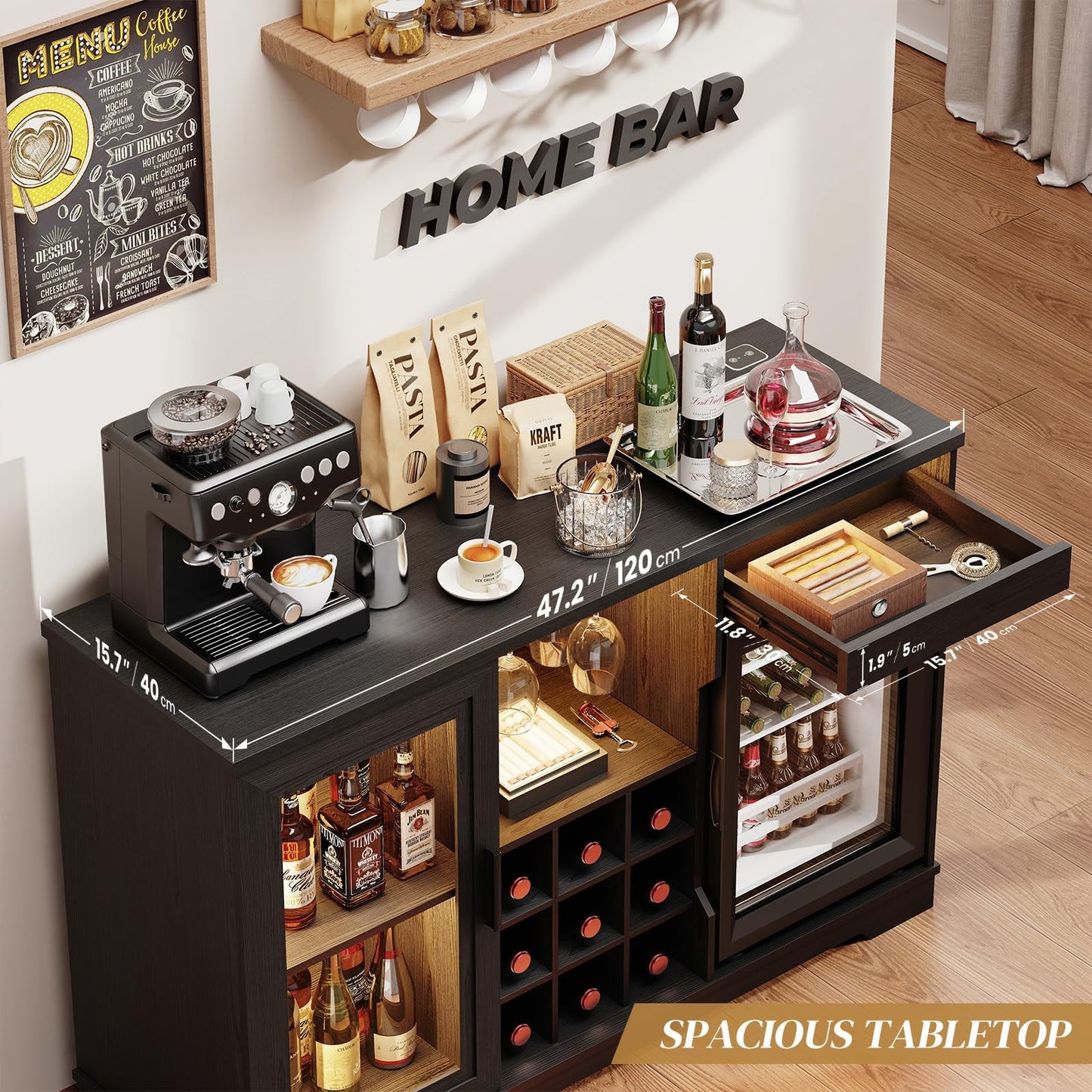 BROTTAR Wine Bar Cabinet with Fridge (Fridge Included), Drinks Coffee Cabinet with LED Lights & Rack, Mini Fridge Cabinet with Storage, Human Body Sensor, Sideboard for Kitchen Dining Room, Black