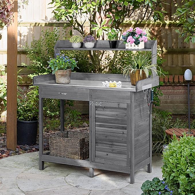 Havers Outdoor Potting Bench Table, Garden Workstation w/Metal