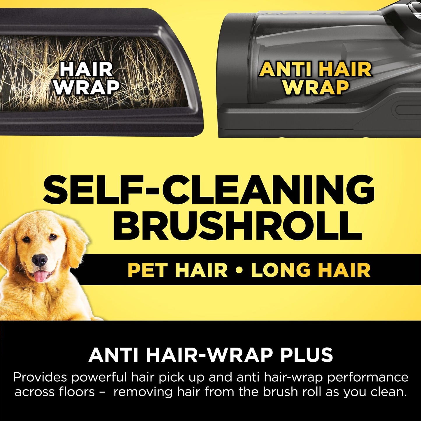 Side‑by‑side comparison: brushroll tangled with hair (left) and anti‑hair‑wrap design (right) on yellow background