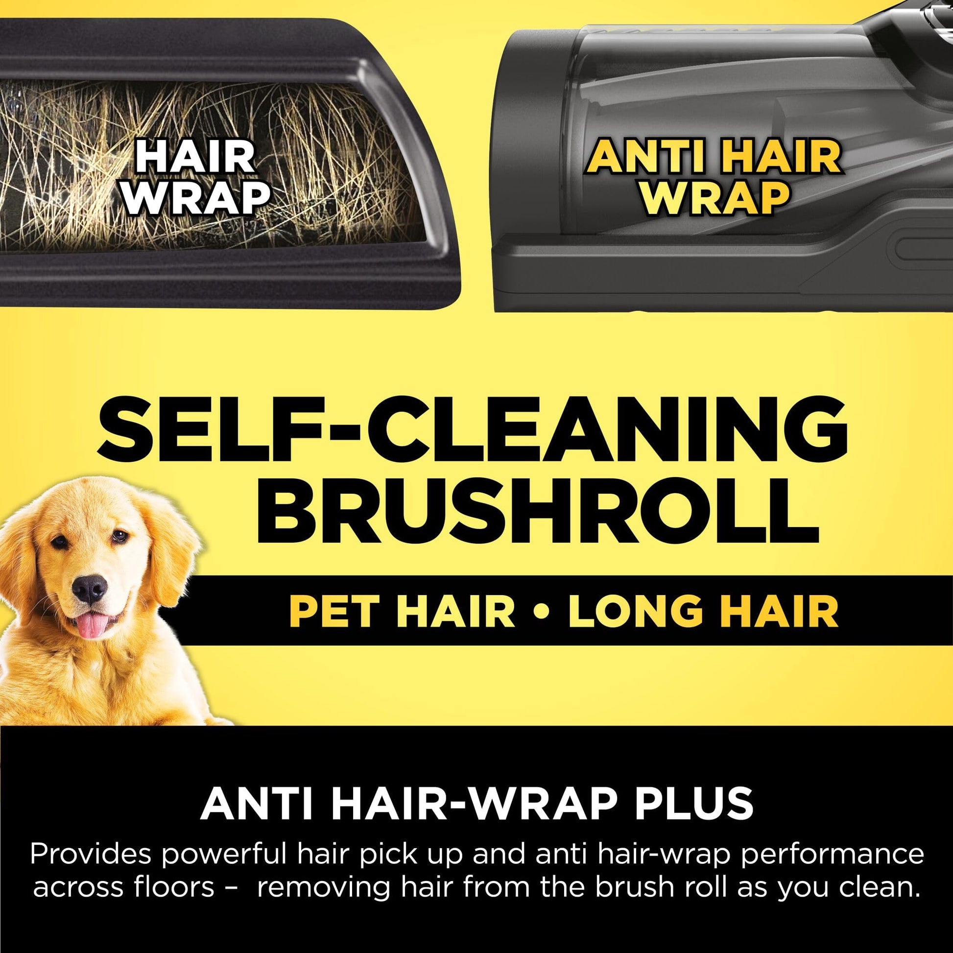 Side‑by‑side comparison: brushroll tangled with hair (left) and anti‑hair‑wrap design (right) on yellow background