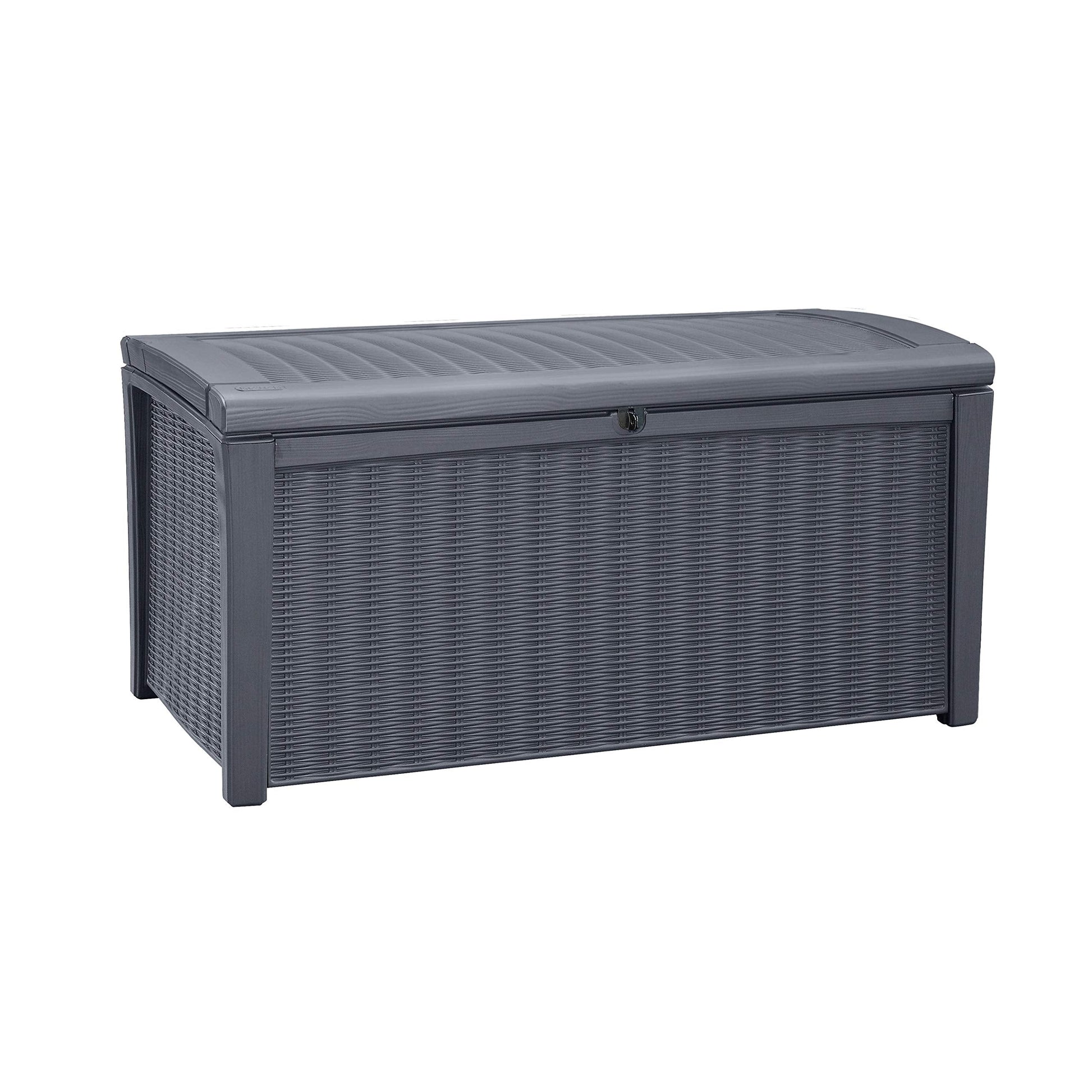 Top of grey rattan-effect outdoor storage box showing curved lid, textured surface and lock loop