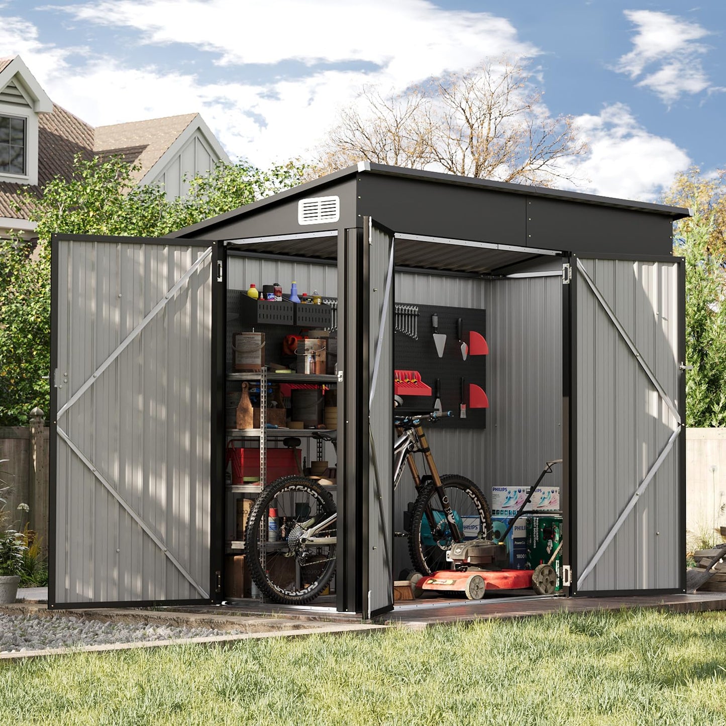 Aoxun 8x4ft Metal Garden Shed Pent Roof, Bike Sheds and Outdoor Storage