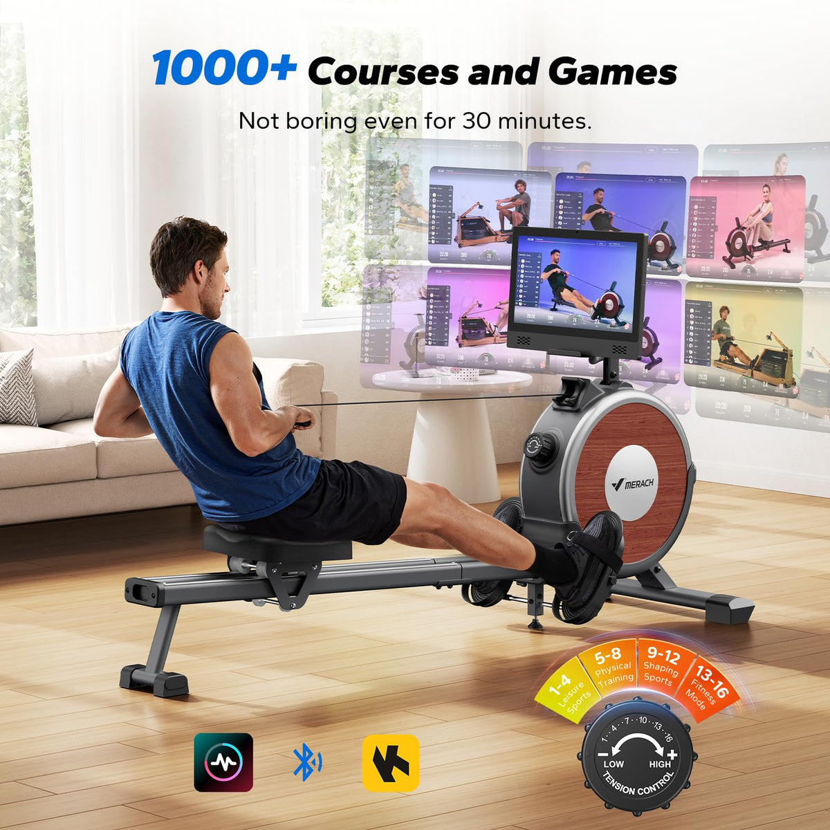 MERACH Magnetic Rowing Machine with 15.6" HD Screen, 16 Resistance Levels, Dual Slide Rails, 158kg Capacity