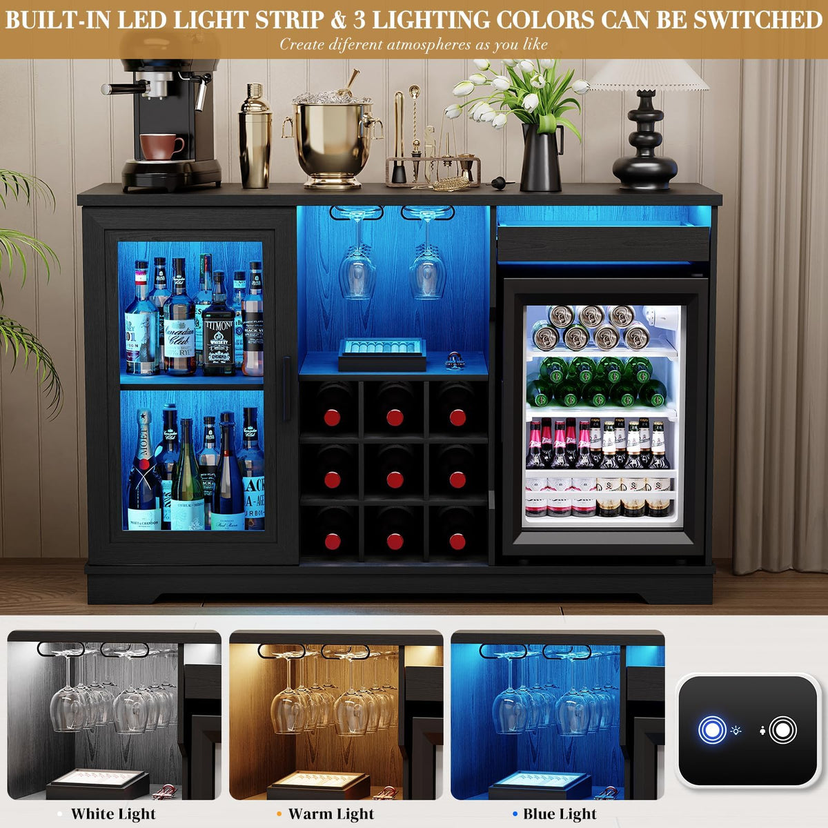 BROTTAR Wine Bar Cabinet with Fridge (Fridge Included), Drinks Coffee Cabinet with LED Lights & Rack, Mini Fridge Cabinet with Storage, Human Body Sensor, Sideboard for Kitchen Dining Room, Black