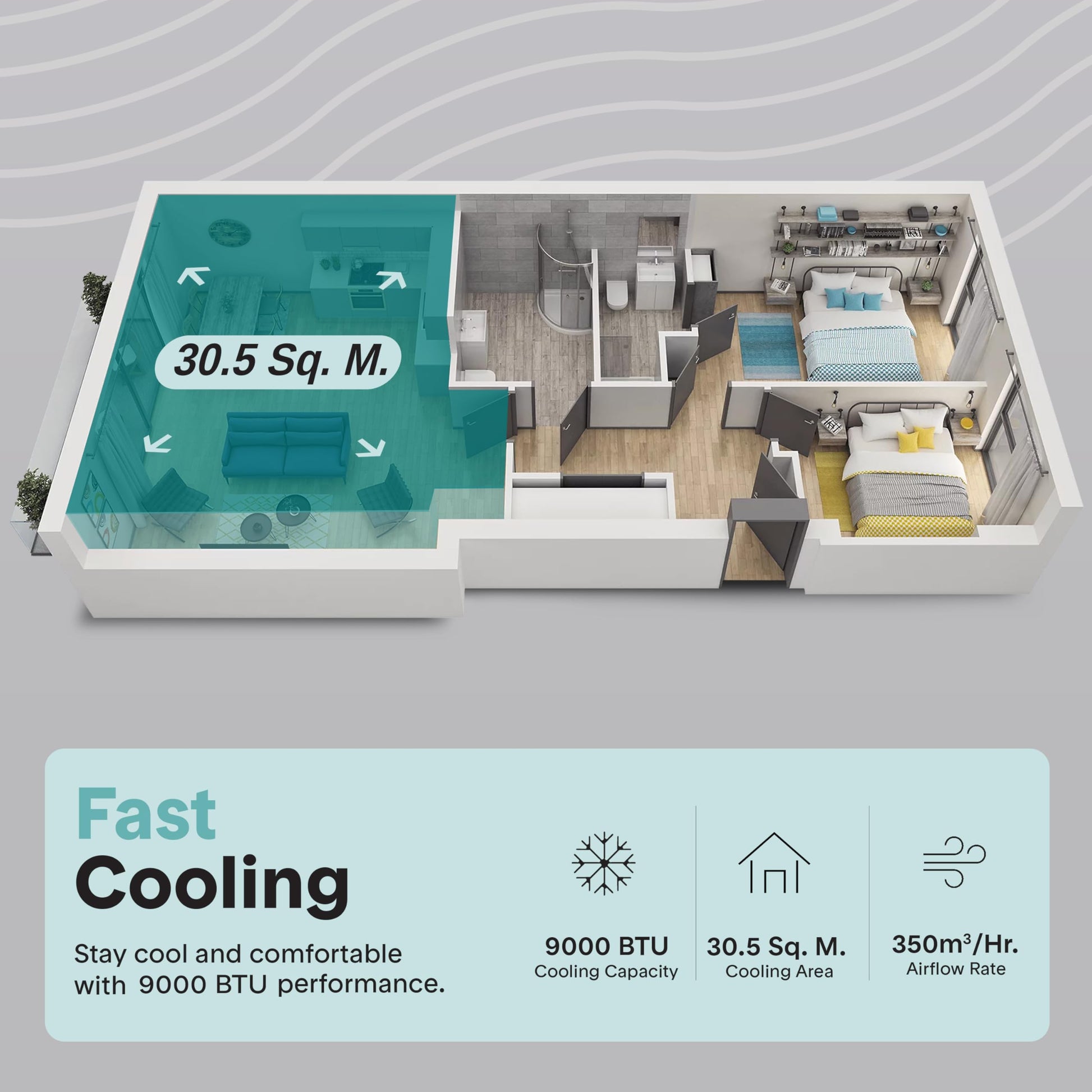 Top-down apartment floorplan with a teal overlay highlighting the unit's 30.5 sq. m. coverage area.