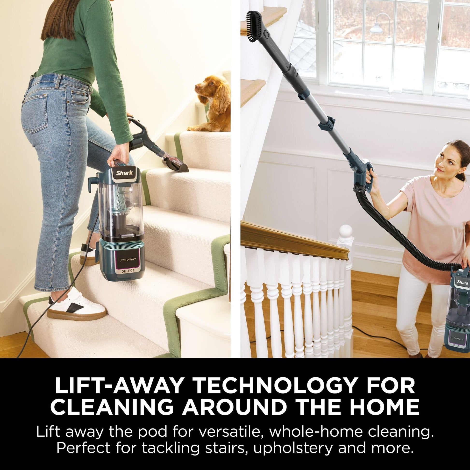 Left: lift‑away pod being used on stairs; right: hose and handle extended to clean a high window area