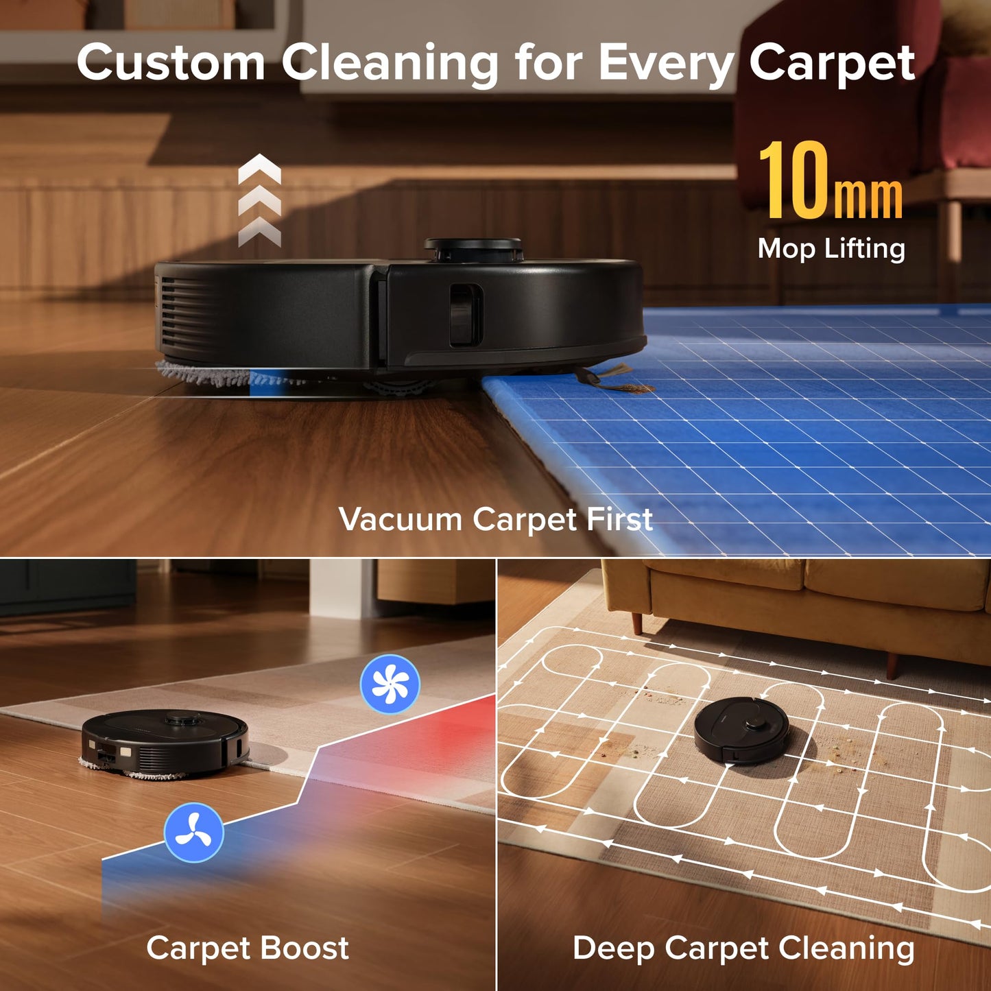 Robot vacuum navigating around scattered shoes and toys with illustrated avoidance path and cone icons
