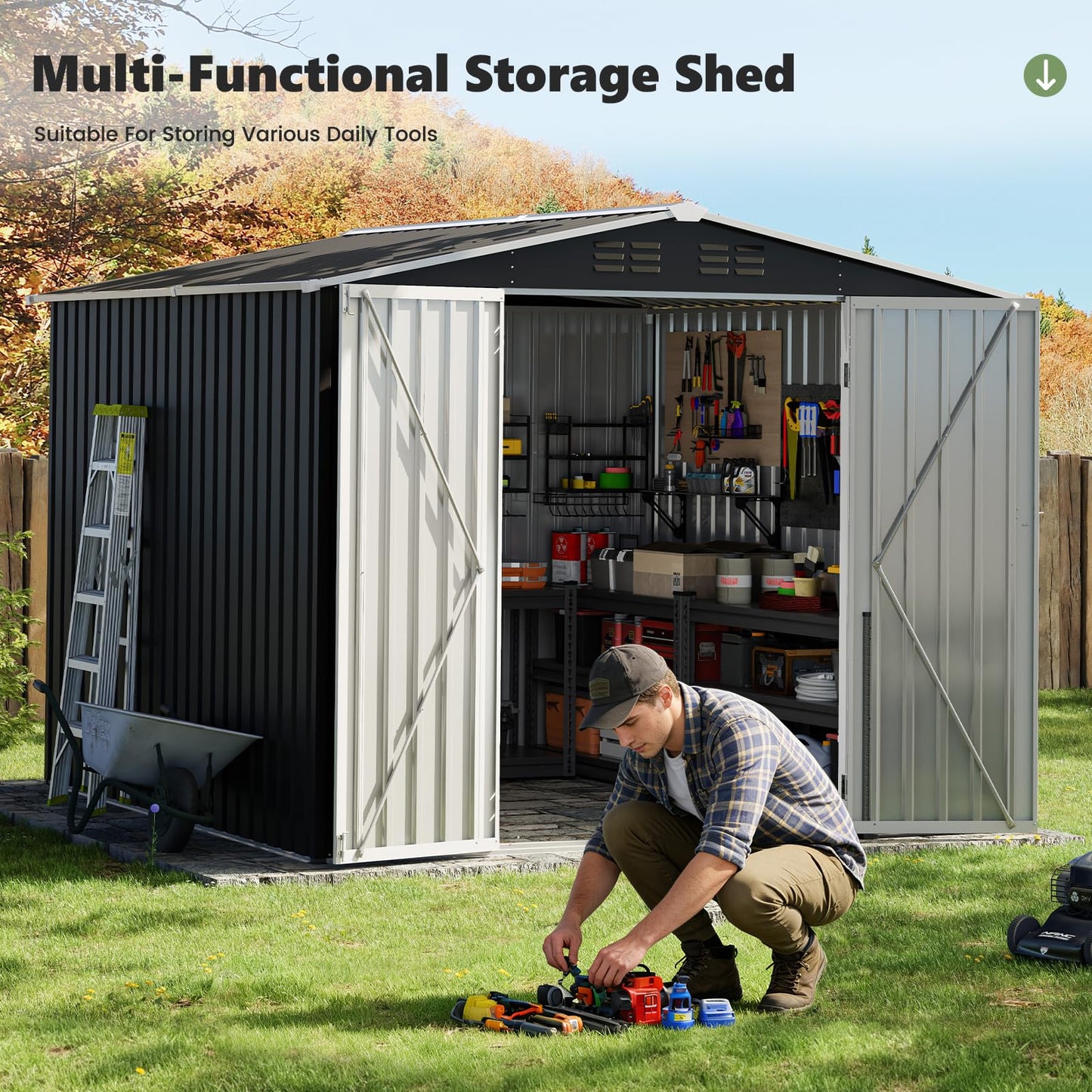 UDPATIO Outdoor Storage Shed 8x8 FT, Outside Sheds & Outdoor Storage Metal Galvanized Steel Yard, Patio, Lawn, Tool Shed with Lockable Door for Can, Bike, Lawnmower, Generator,Dark Grey