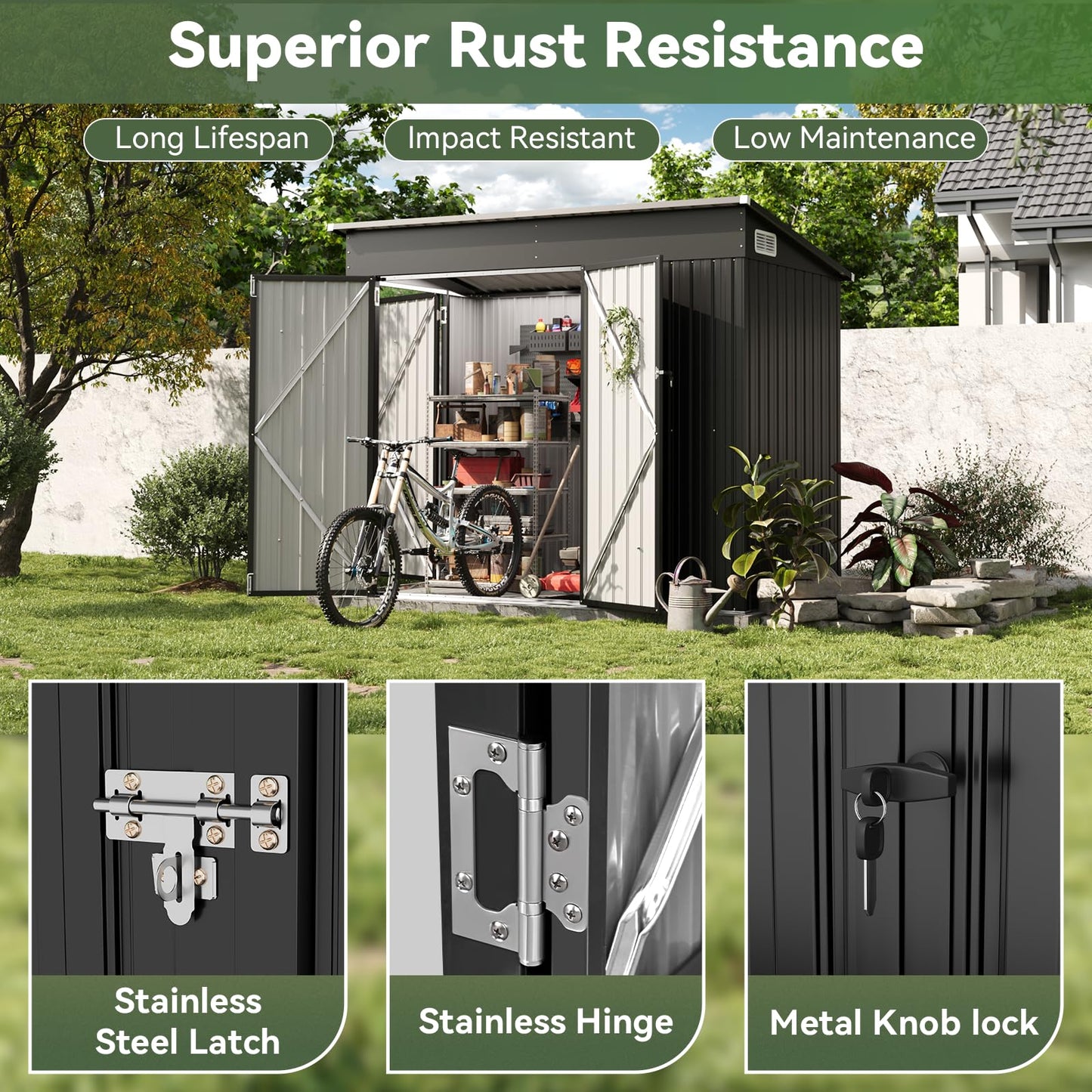 Aoxun 8x4ft Metal Garden Shed Pent Roof, Bike Sheds and Outdoor Storage
