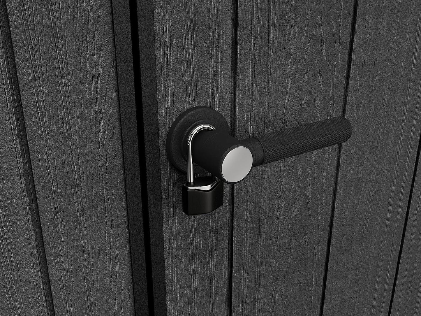 Close-up of a black lever handle with a small padlock on a textured dark shed door panel