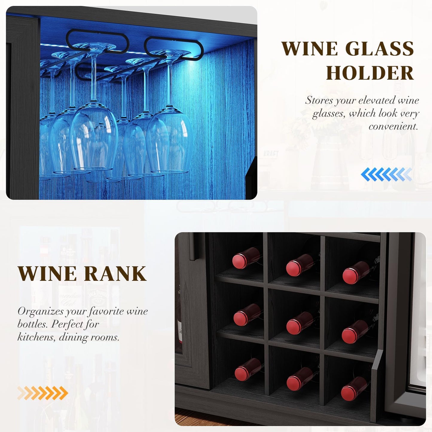 BROTTAR Wine Bar Cabinet with Fridge (Fridge Included), Drinks Coffee Cabinet with LED Lights & Rack, Mini Fridge Cabinet with Storage, Human Body Sensor, Sideboard for Kitchen Dining Room, Black