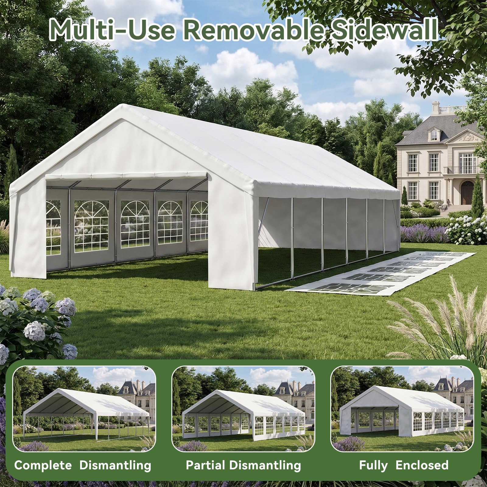 White marquee pitched on a lawn with removable sidewalls visible and window panels laid out on the grass.