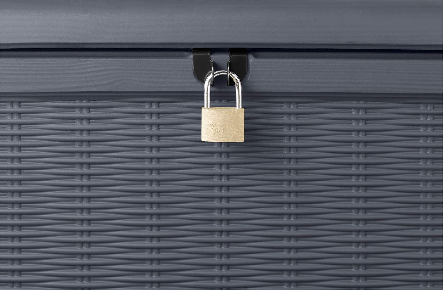 Close-up of grey synthetic rattan weave texture on the storage box panel