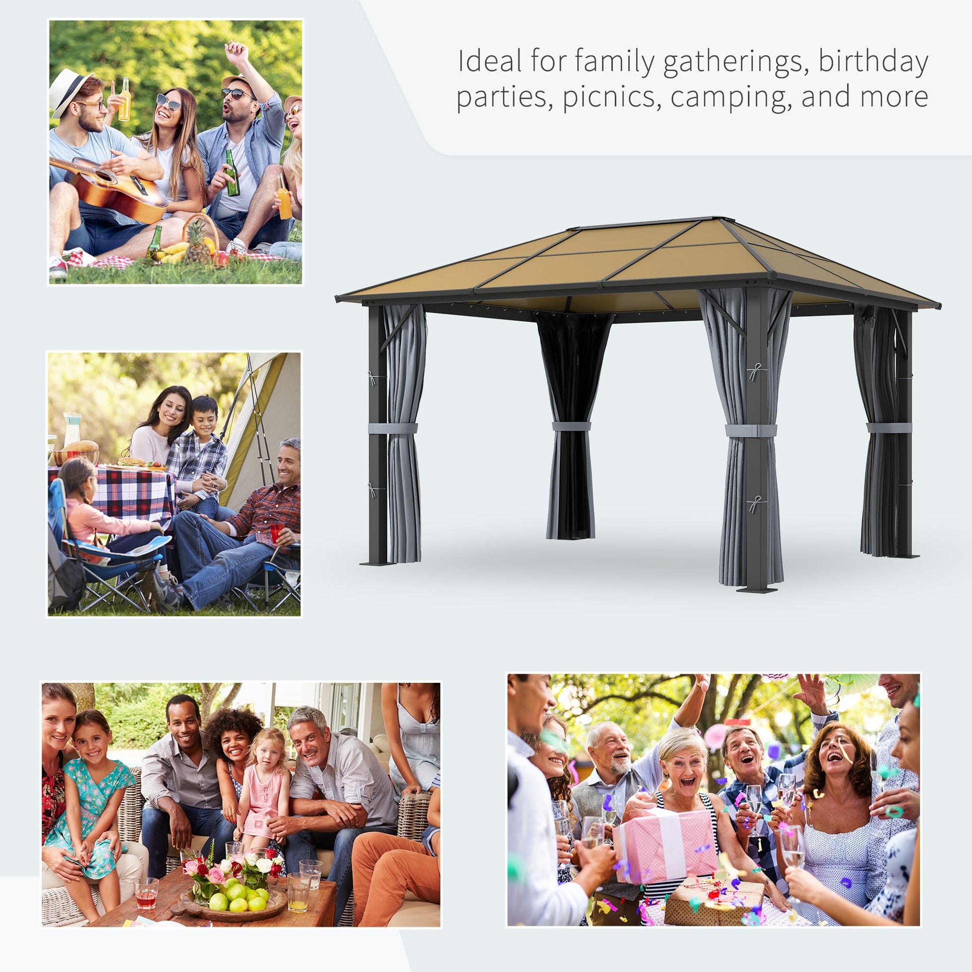 Lifestyle layout: gazebo with tan roof alongside picnic and family gathering photos promoting outdoor use