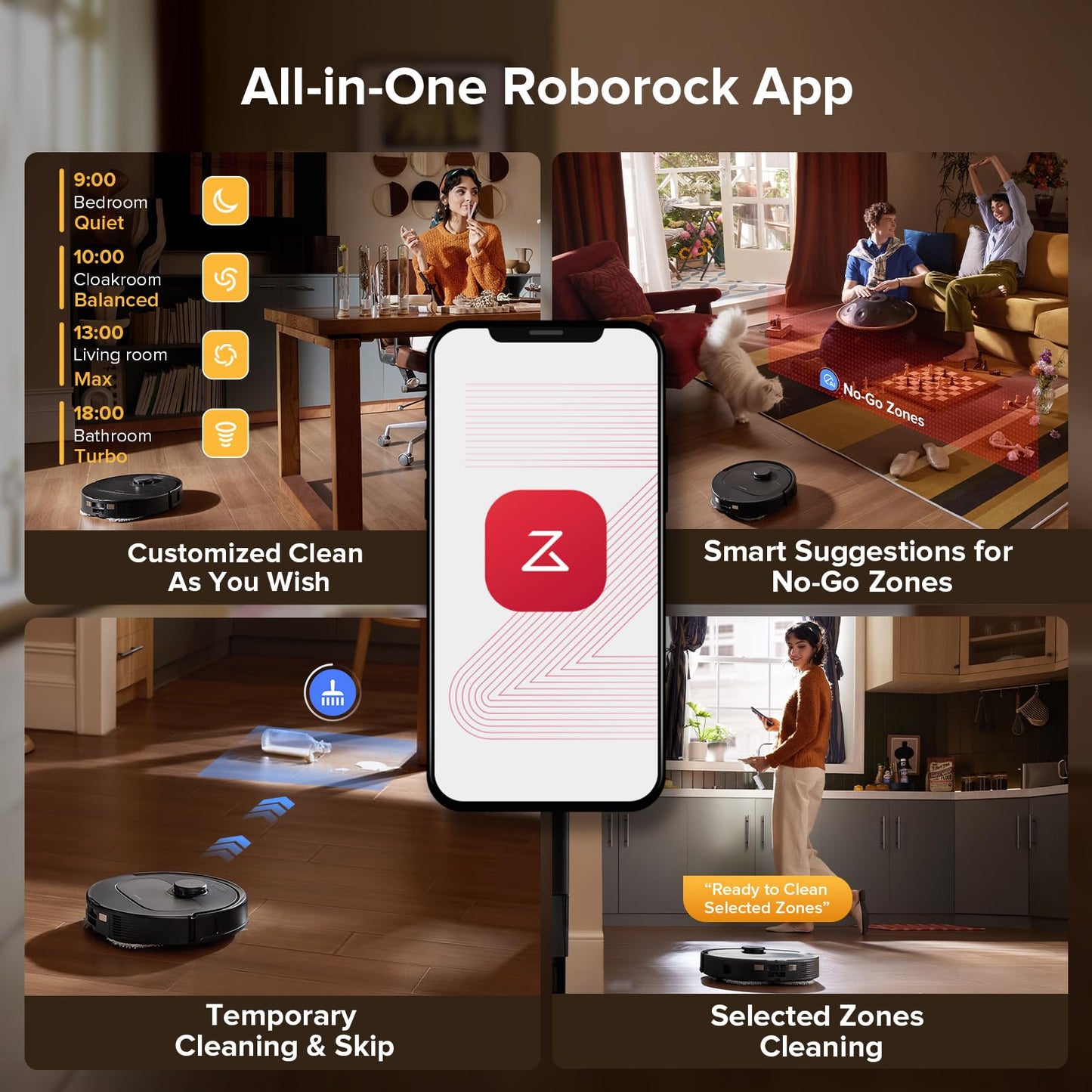 Smartphone app mockup centered over two scenes: scheduled/customized cleaning options on the left and smart No‑Go zone sug…