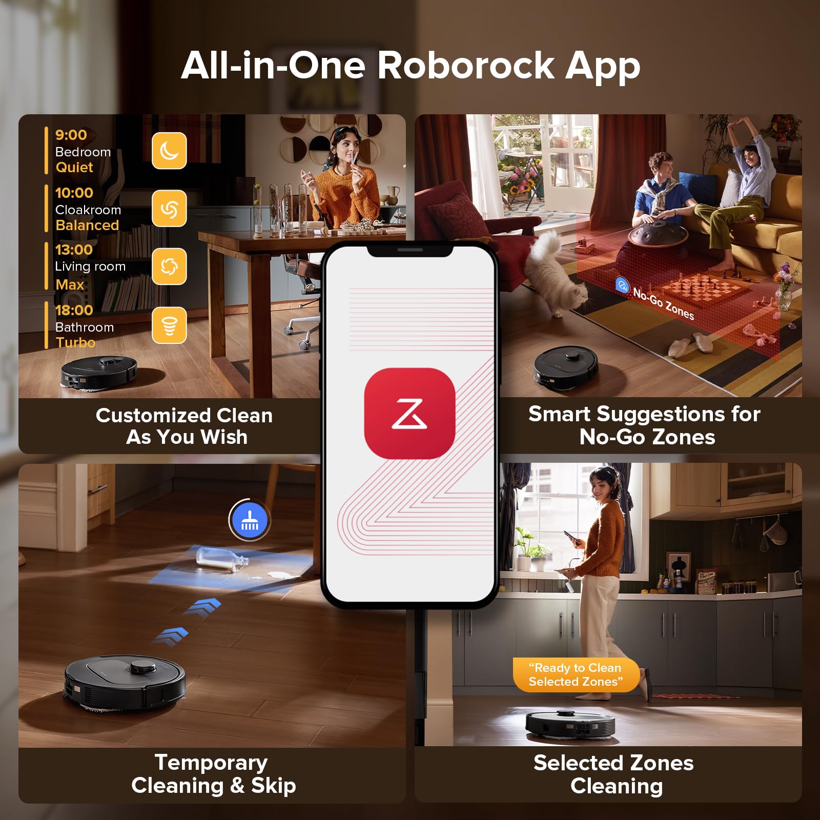 Smartphone app mockup centered over two scenes: scheduled/customized cleaning options on the left and smart No‑Go zone sug…