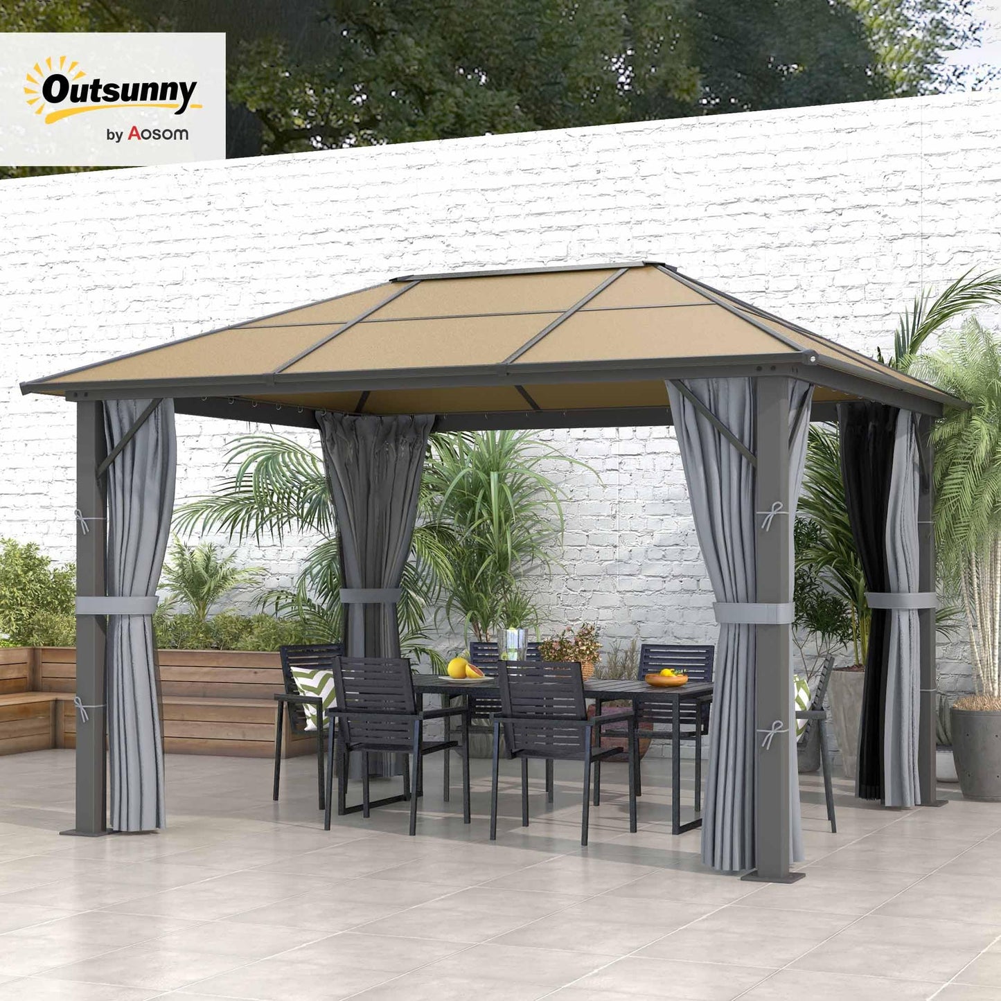 Outdoor dining area under gazebo showing tan roof, grey curtains, table and chairs with plants behind