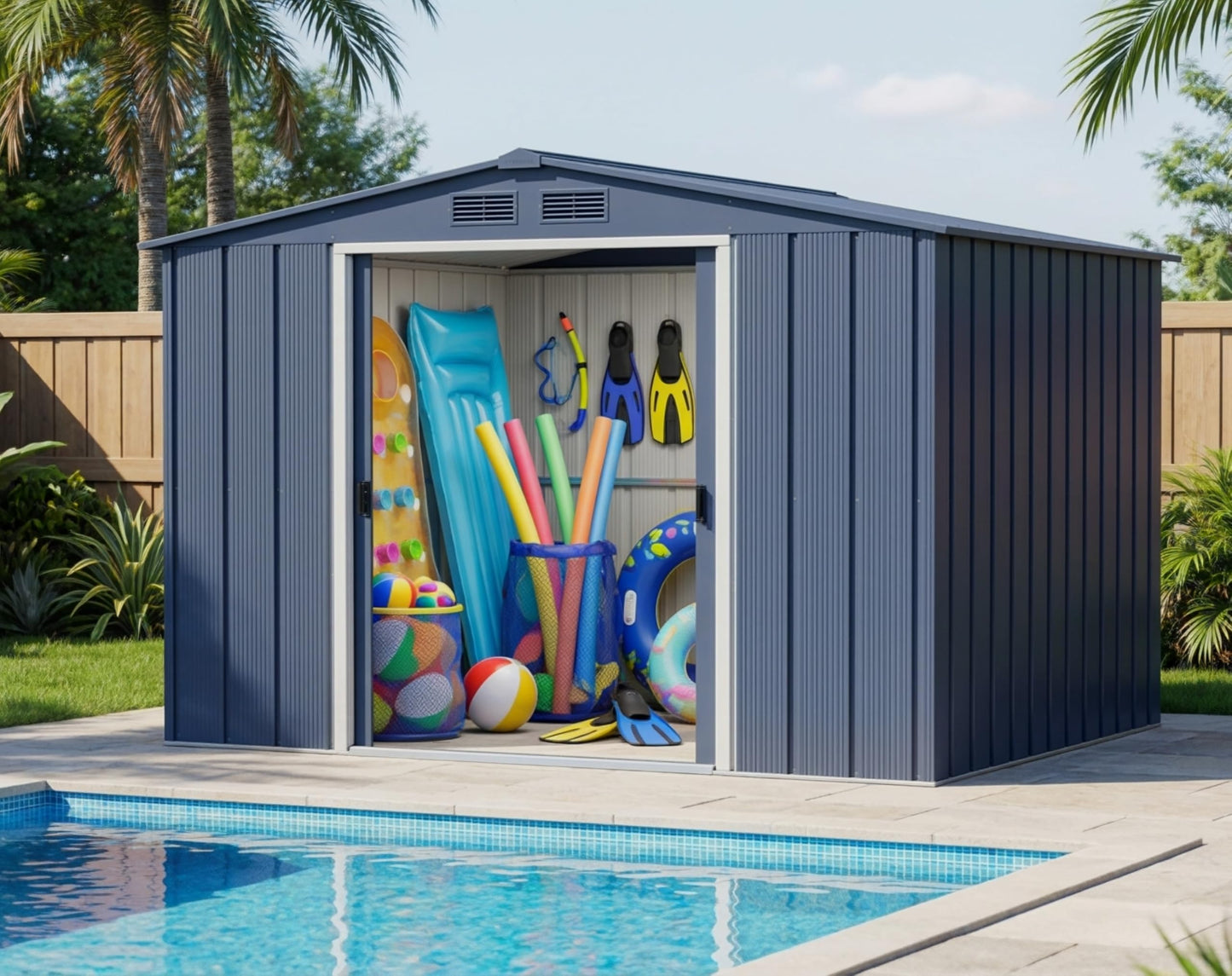 Garden shed beside a pool filled with colorful pool gear — inflatables, noodles, beach balls and flippers